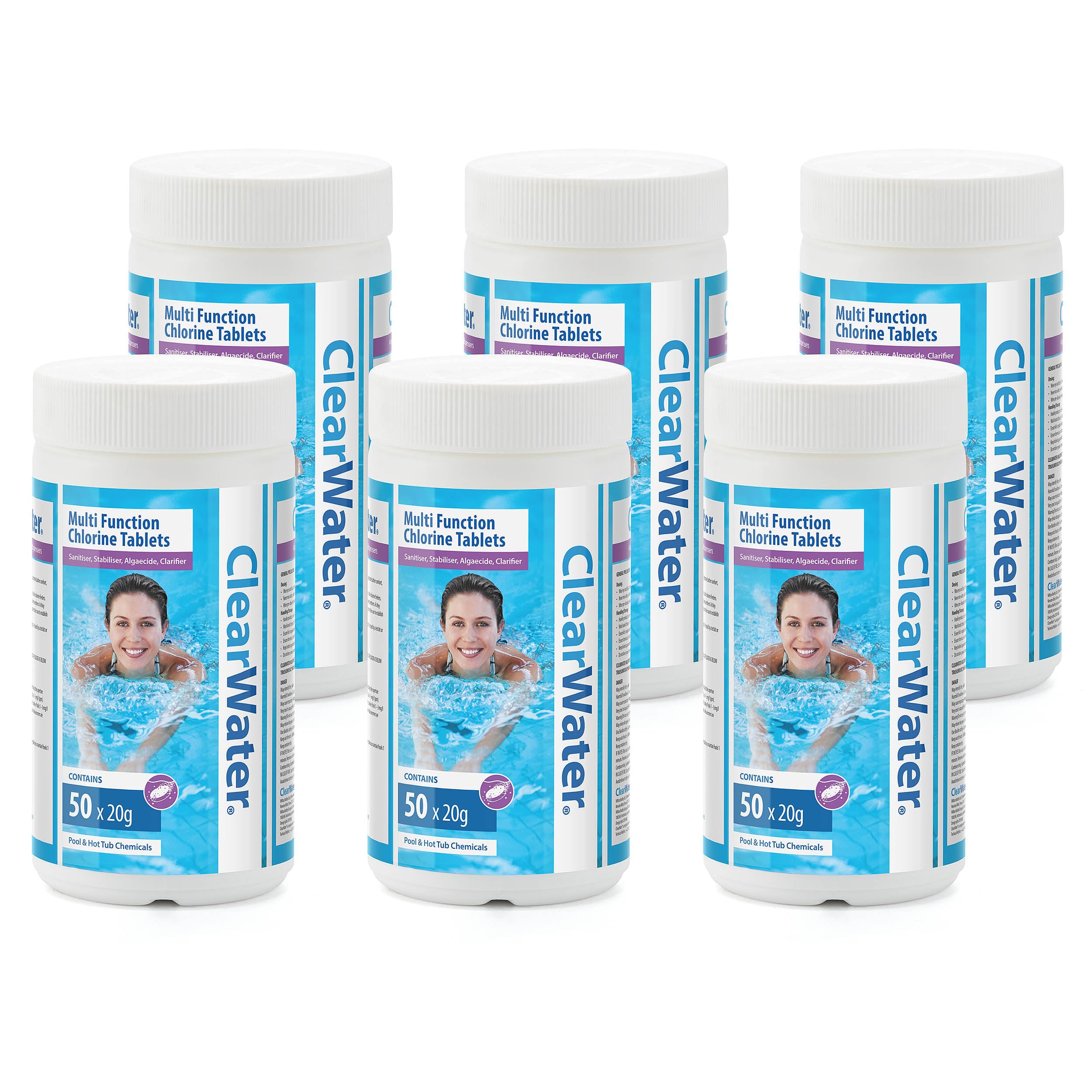 Clearwater 6kg Multifunction Chlorine Tablets, 4-in-1 Dispenser Tablets (Sanitiser, Stabiliser, Algaecide and Clarifier) for Pools and Hot Tubs, 300 x 20 g, White