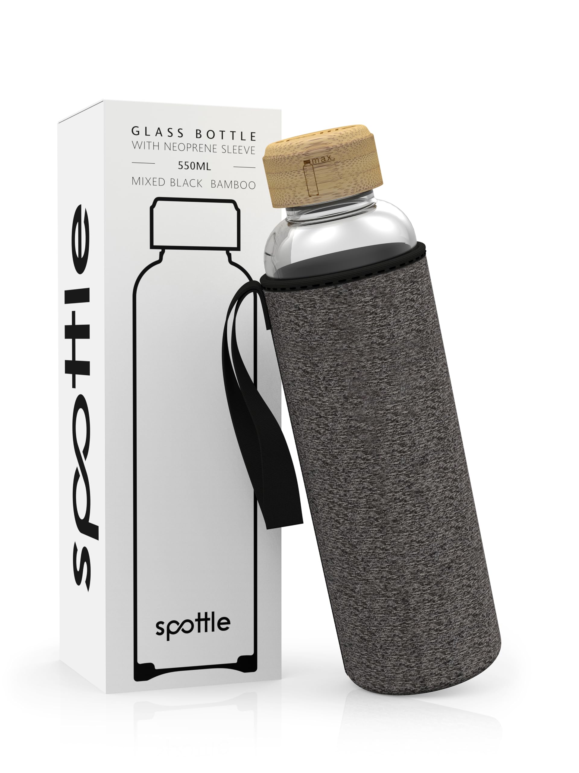 spottle Glass Water Bottle 1 Litre - Glass Bottle 500 ml - 750 ml - 1 Litre with Neoprene Cover - Protective Cover - Glass Drinking Bottle with Screw Cap (Black Mottled / Bamboo, 550 ml) — image 1