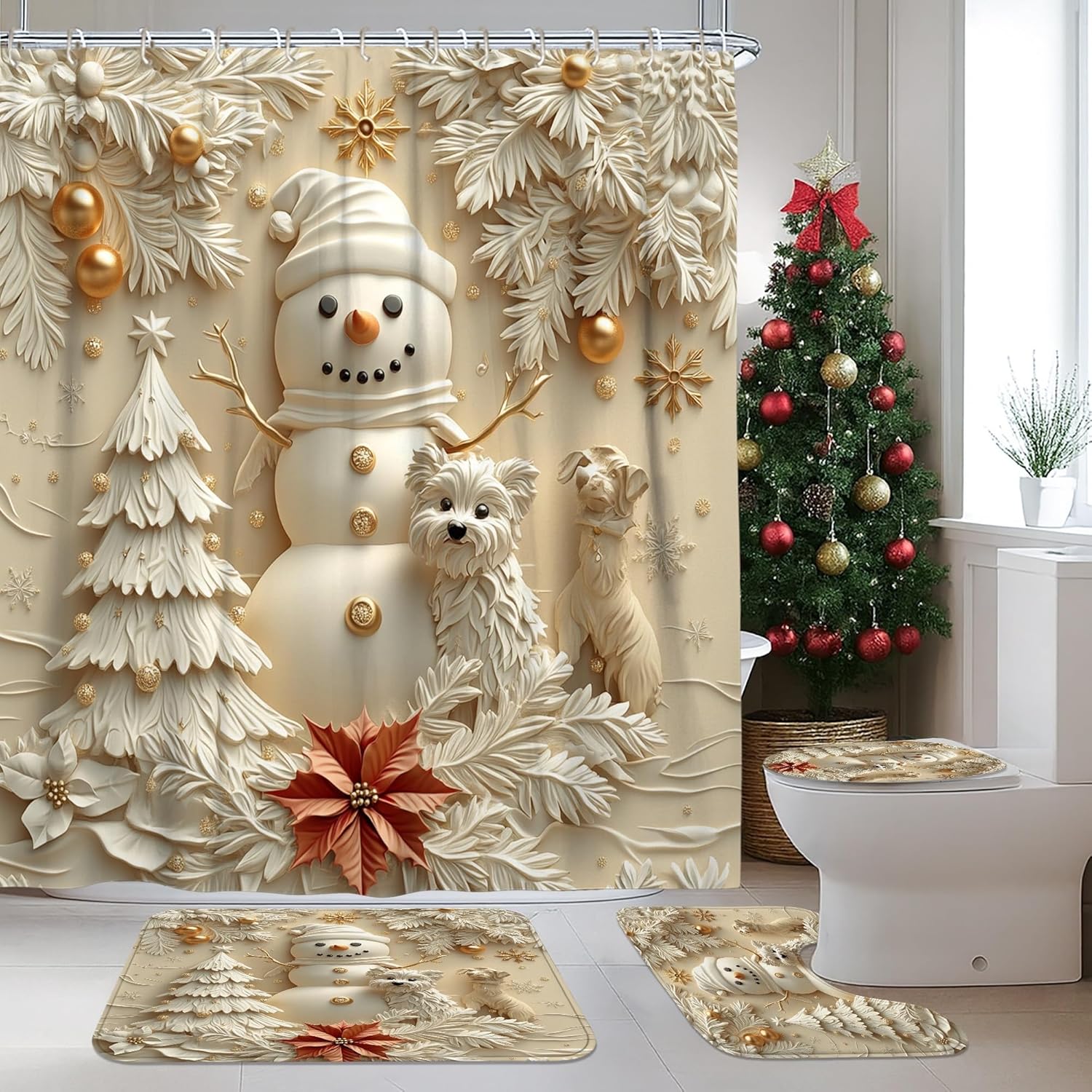 4PCS Relief Christmas Westie Dog Bathroom Sets with Non-Slip Rug, U Shape Toilet Lid Cover Mat, Snowman Xmas Puppy Pet Bathroom Decoration 72''x72''