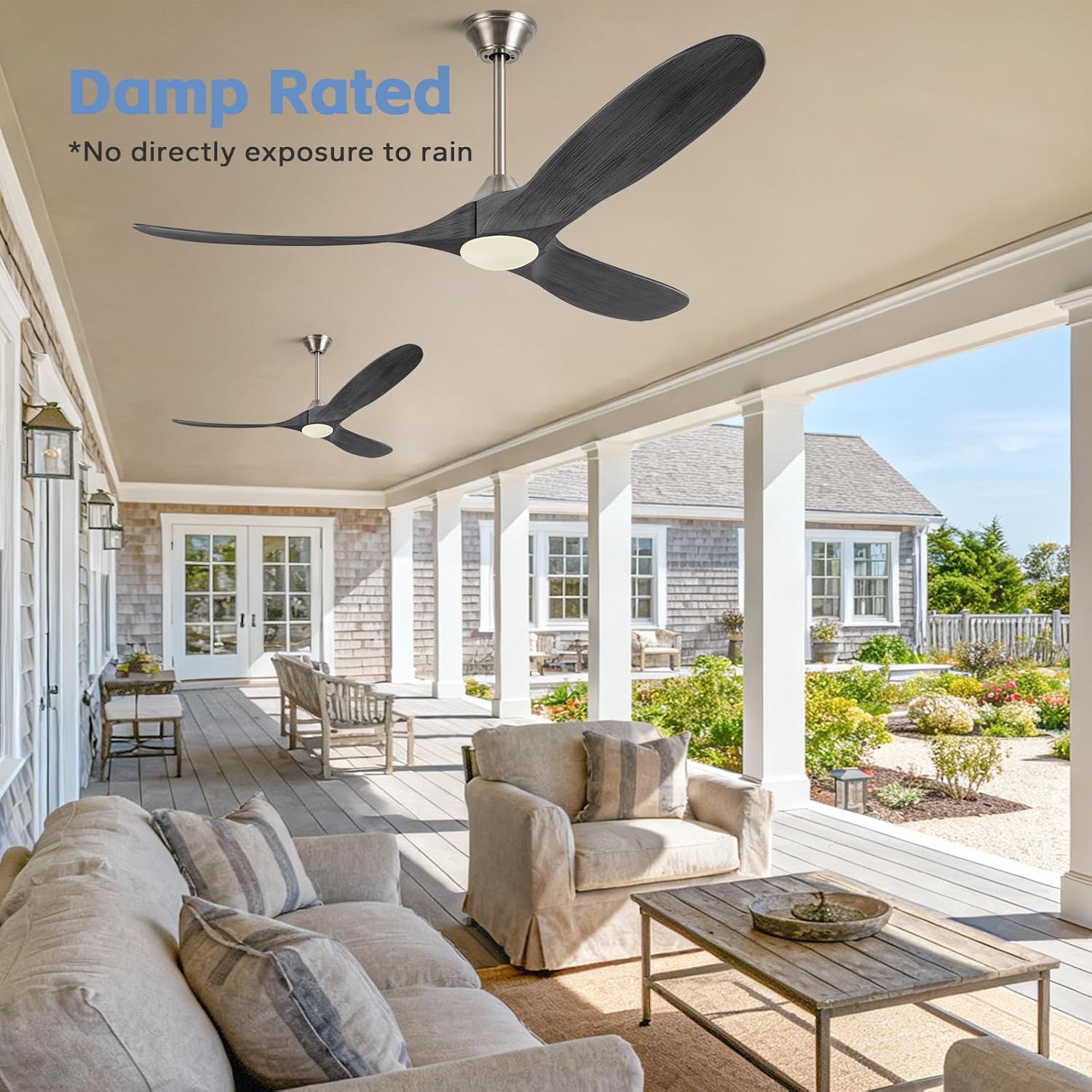70inch Outdoor Ceiling Fan with Lights for Patio, 3 Solid Wood Propeller Blades Damp Rated, Modern Large Airflow Commercial with Remote, Quiet Reversible DC Motor, for Exterior Porch Farmhouse Gazebo