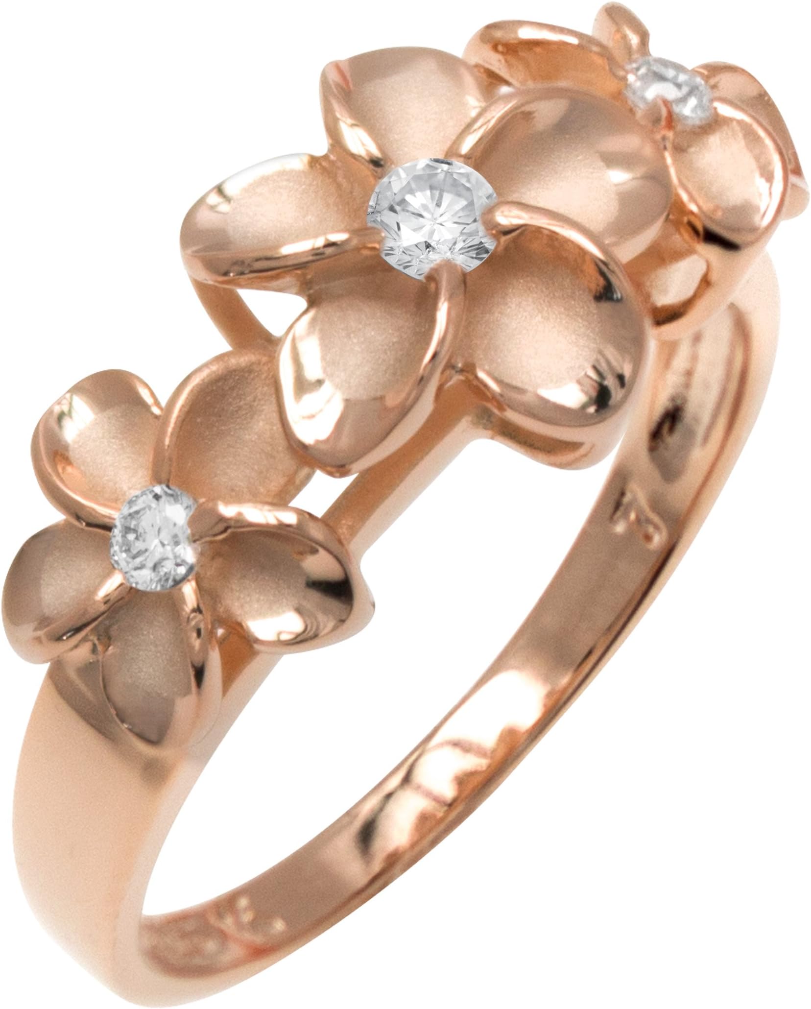 Honolulu Jewelry Company Three Plumeria CZ Ring with 14K Rose Gold Finish Over Sterling Silver(9)