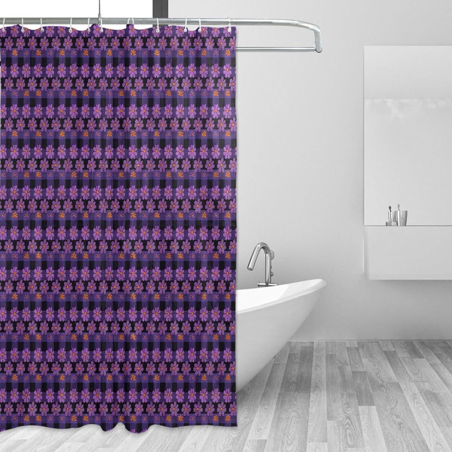 66x72 Inch Waterproof Fabric Shower Curtains with Hook Black Purple Checkered Pattern Purple Flower Polyester Washable Fabric Material Large Curtain Liner for Bath Decor