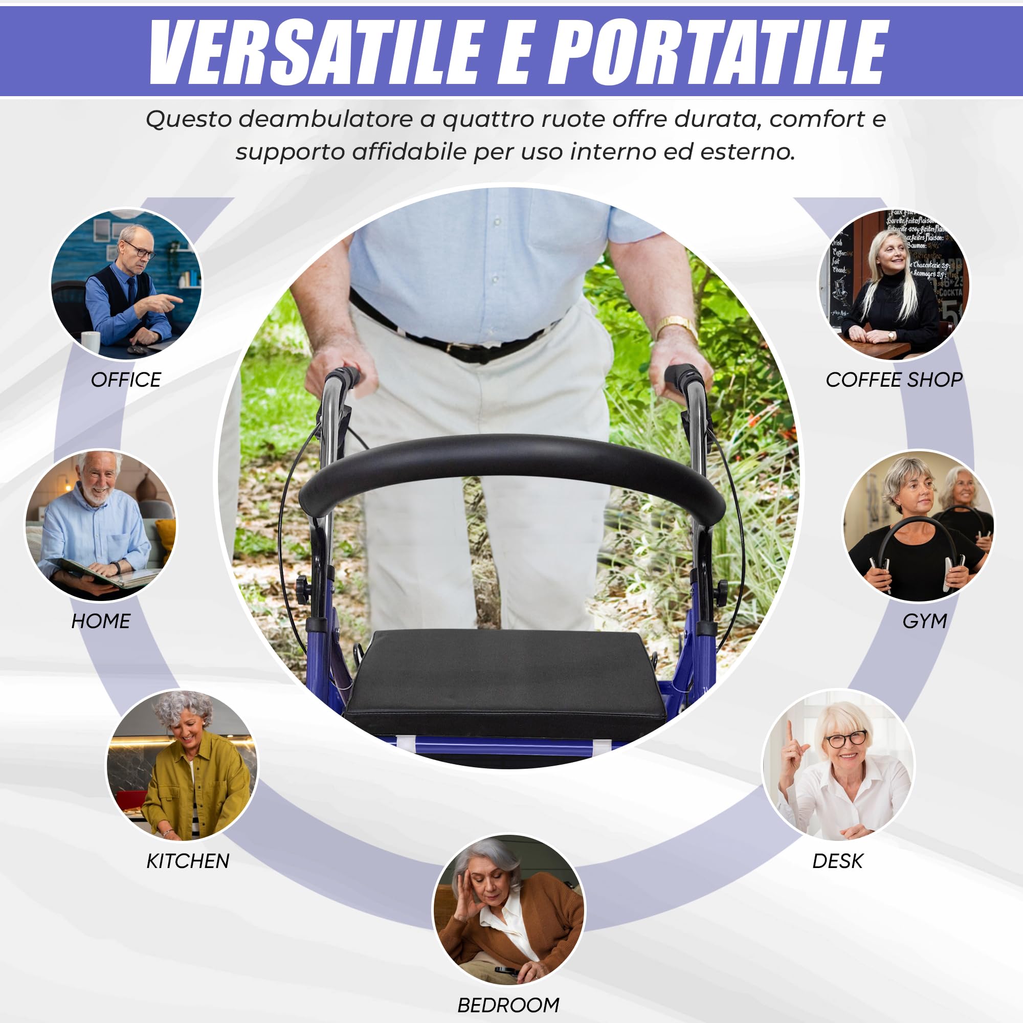 Deambulatore per Anziani ultra Leggero Pieghevole in Alluminio Regolazione Altezza - Sedile Imbottito Blu