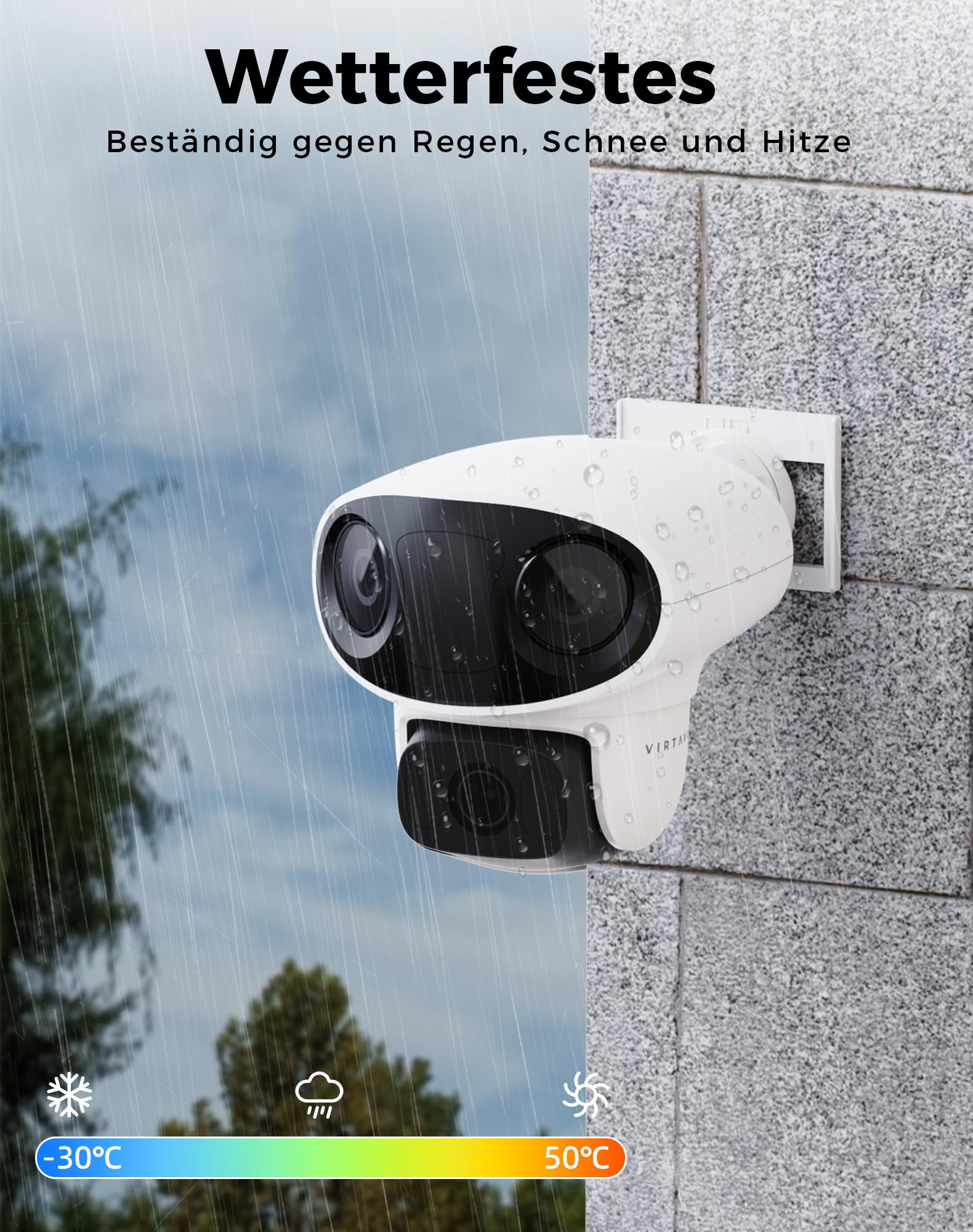 VIRTAVO TL1 WLAN Überwachungskamera Außen, 1080P Triple-Objektiv, 160° Panorama + 360° PTZ, Farb-Nachtsicht mit Starlight, KI-Personenerkennung, 2-Wege-Audio, IP66, Ohne ABO-Pflicht