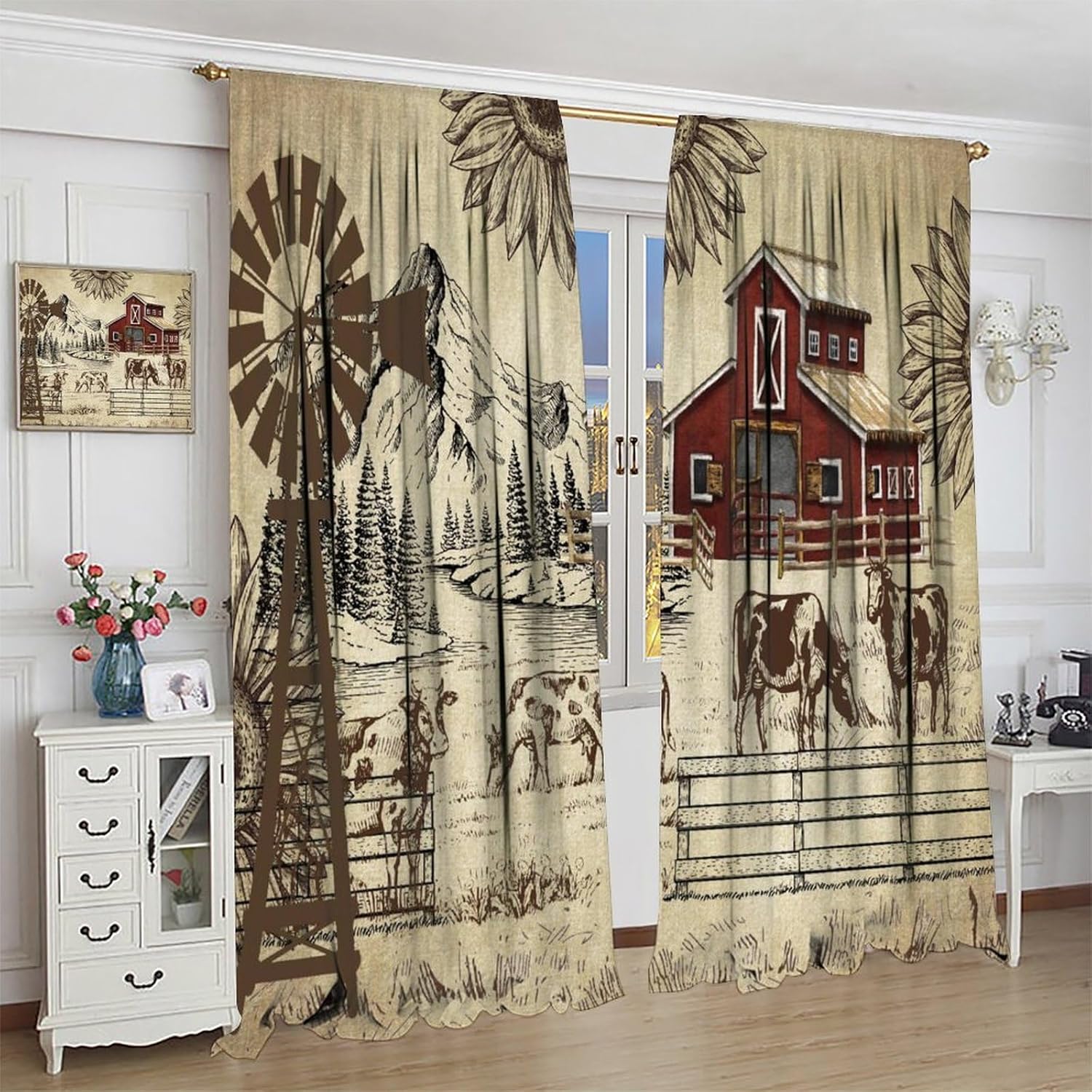 Country Farm Blackout Curtains, Vintage Windmill Rustic Cow Barn Decor for Bedroom Living Room Dining Room Kitchen42X45 Inch