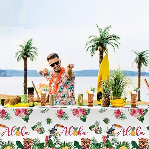 Miniatura 6 de Breling Paquete de 6 manteles hawaianos Luau, 108 x 54 pulgadas, decoración de Luau, mantel de hojas de palma tropical, mantel rectangular de