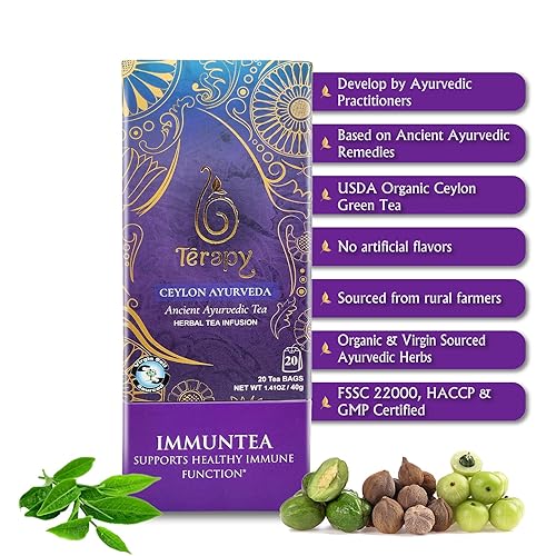 Miniatura 3 de TERAPY AYURVEDIC TEA de Terapy Ceylon  Ingredientes herbales naturales  USDA Orgánico  Bolsas de té orgánicas ecológicas sin blanquear (ImmunTea)