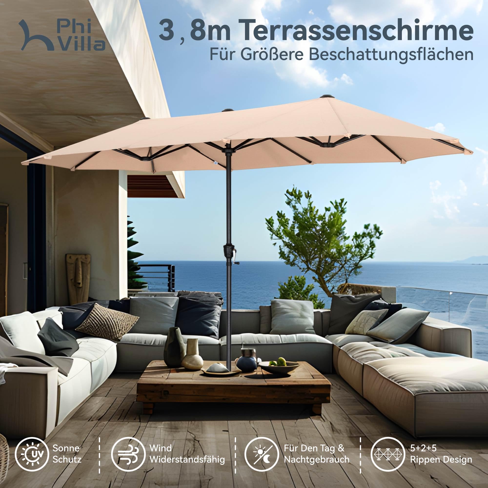 PHI VILLA Sonnenschirm Rechteckig Groß 380x200cm für Garten Terrasse Gartenschirm mit Kurbel UV Schutz Parasol Windfest