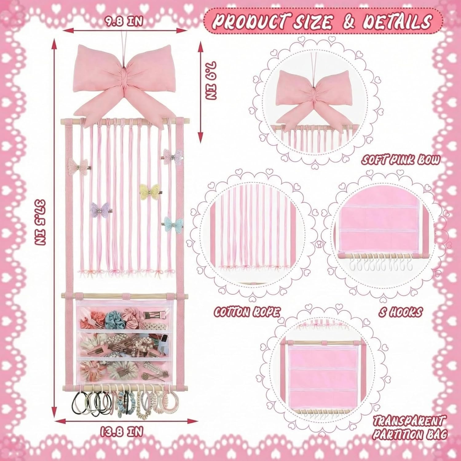 Pink Hair Bows Holder Headband Organizer for Girls Long Baby Hair Clips Accessories Display Storage Hanging Wall Decor with Hooks Gift for Christmas Nursery Toddler Girls Room