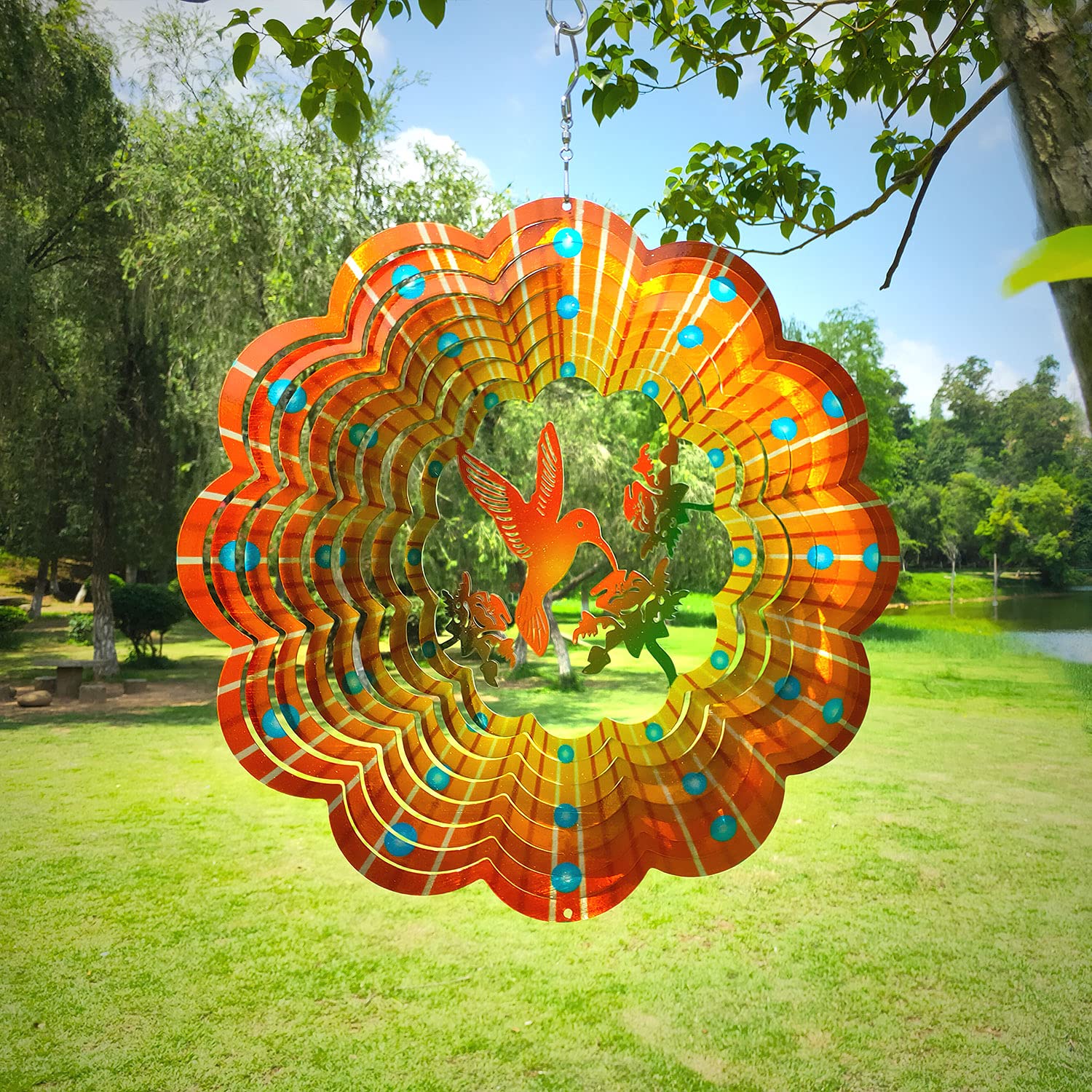 Éolienne en forme de colibri 30,5 cm en acier inoxydable 3D - Décoration mandala - Découpe au laser - Motif géométrique - Décoration d'intérieur et d'extérieur