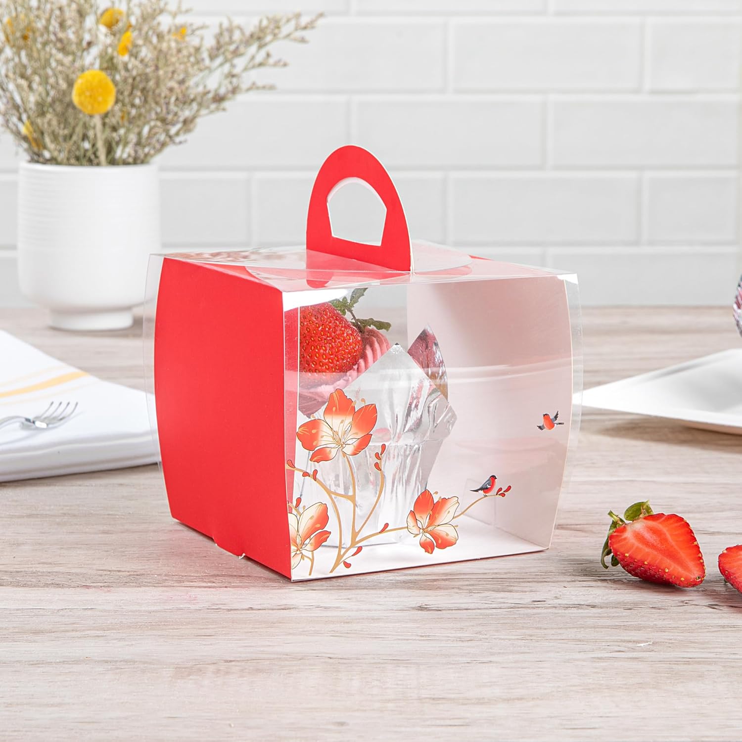 Restaurantware-4 Inch x 4.25 Inch Individual Cupcake Boxes, 100 Disposable Cupcake Display Boxes - With Handle, Bird Accent, Clear Plastic Single Cupcake Containers, For Weddings Or Birthdays