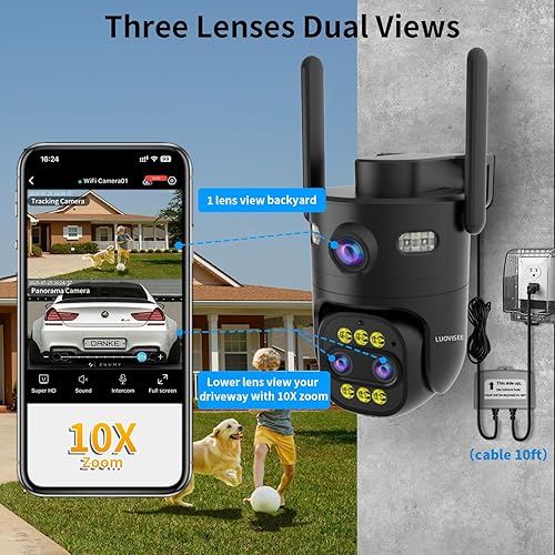 Miniatura 2 de Cámara de seguridad para exteriores de triple lente con zoom híbrido de 10X, cámara WiFi 2.4G5G con cable para seguridad del hogar, grabación