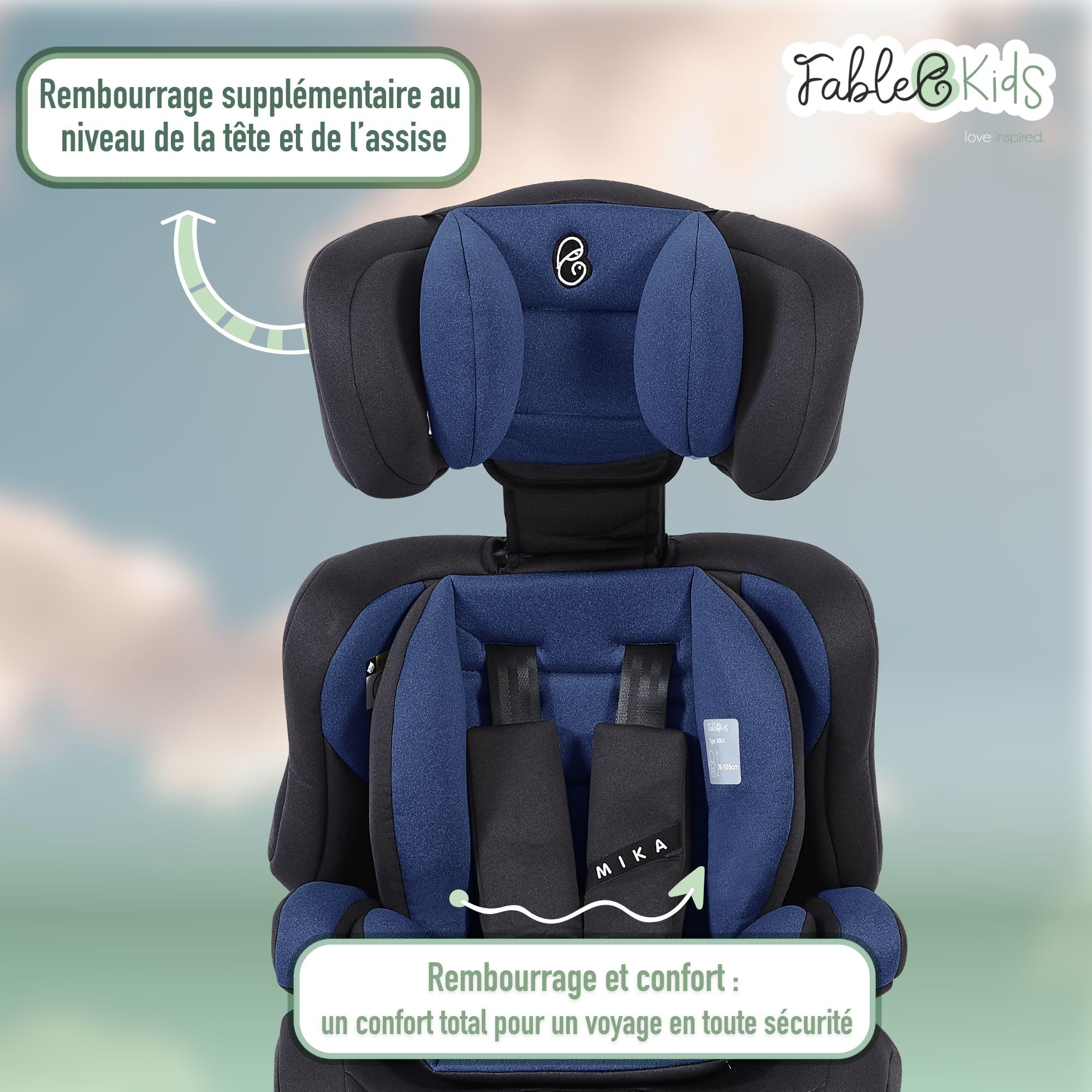FableKids Siège auto pour enfants | Ceinture de sécurité à 3 points | à partir de 15 m. | 76-150 cm | ECE R129/03 | Réglable 44,5x41x68-75cm | Bleu