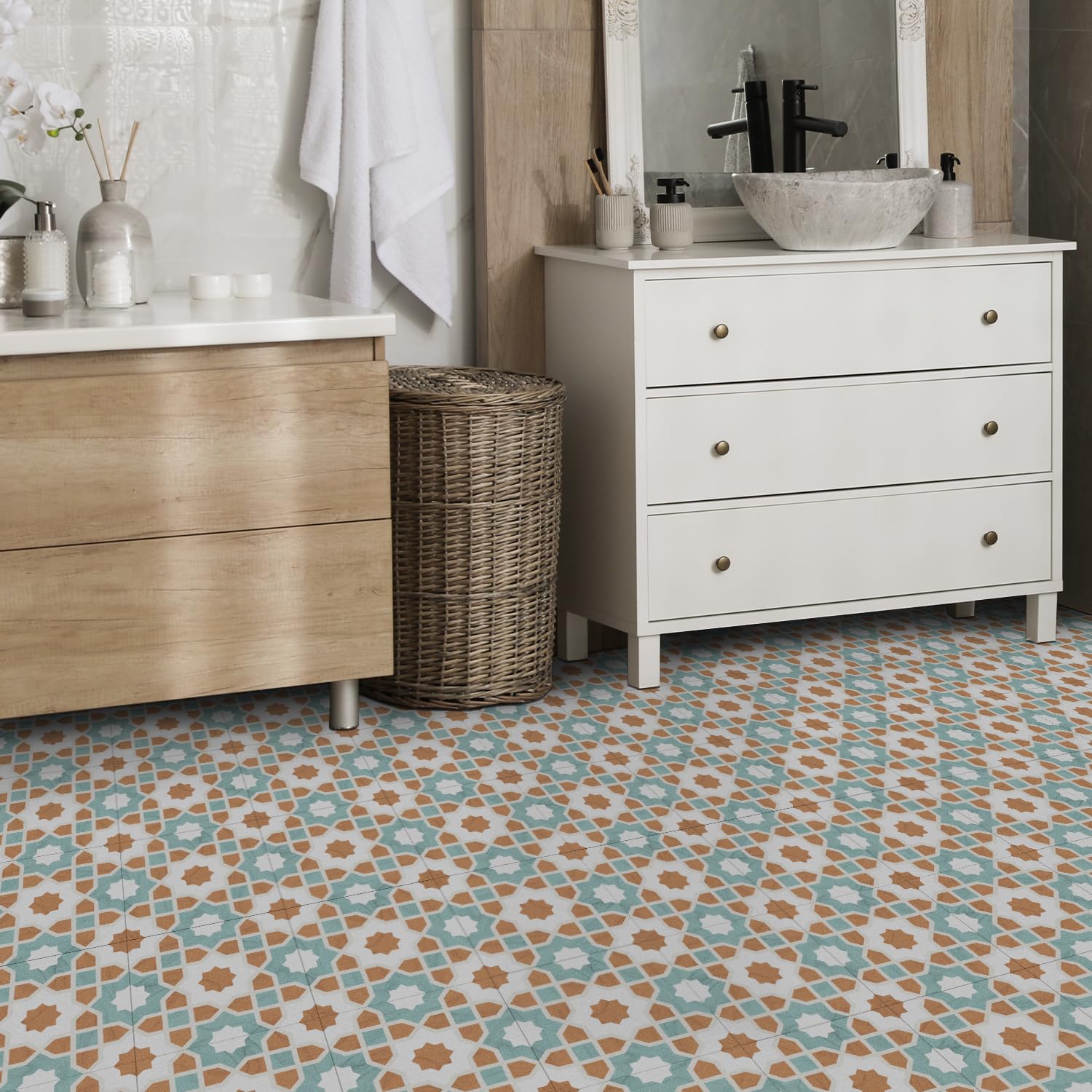 Fliesenaufkleber Blumengeometrie Für Küche Und Bad,Vinyl-Küchenrückwand Klebefliesen,Wasserdicht Ölfest ​Klebefliesen Küche Zum Abziehen Und Aufkleben,Pvc Fliesenaufkleber Bad 8 PC(20x20cm)
