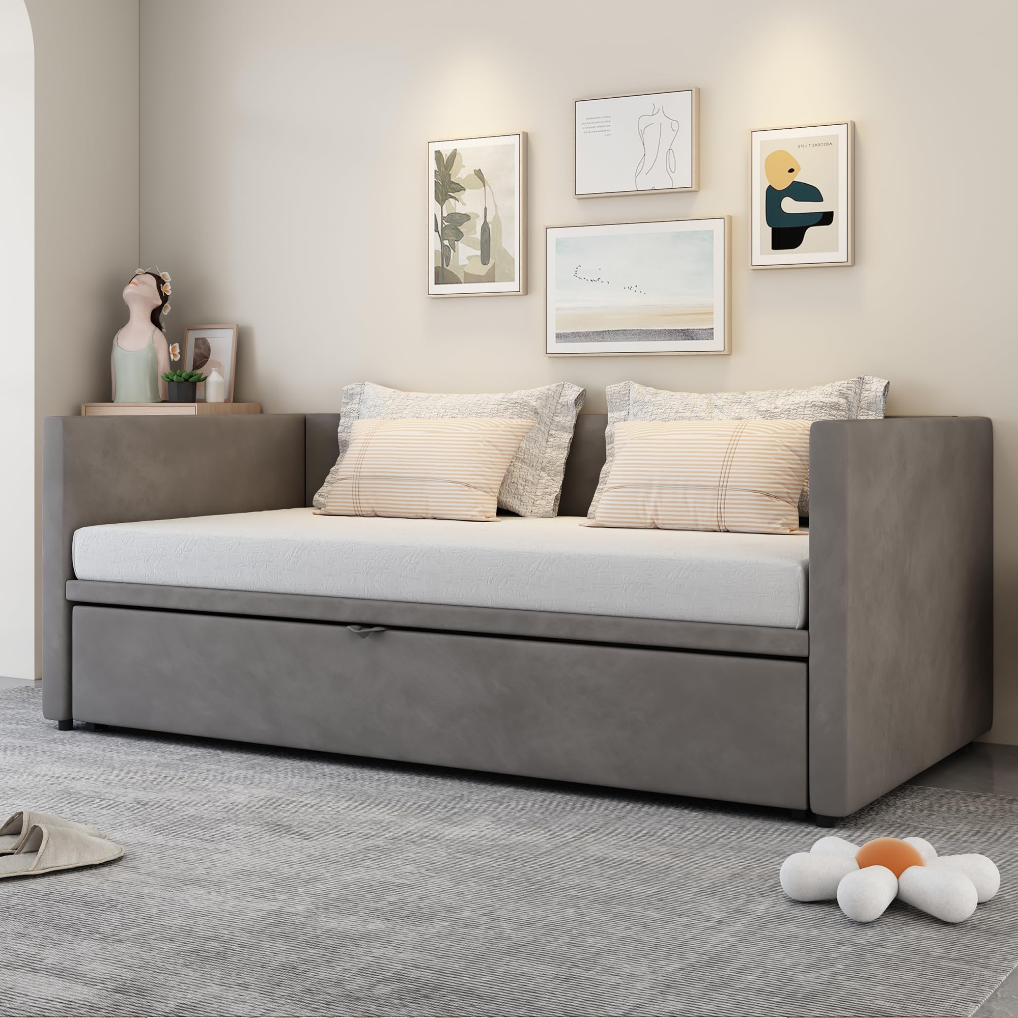Generisch TOBIDOEN prosta rozkładana sofa do spania 90/180 x 200 cm ze stelażem, sofa z funkcją spania z wysuwanym łóżkiem, wygodne łóżko tapicerowane z aksamitu, kolor szary