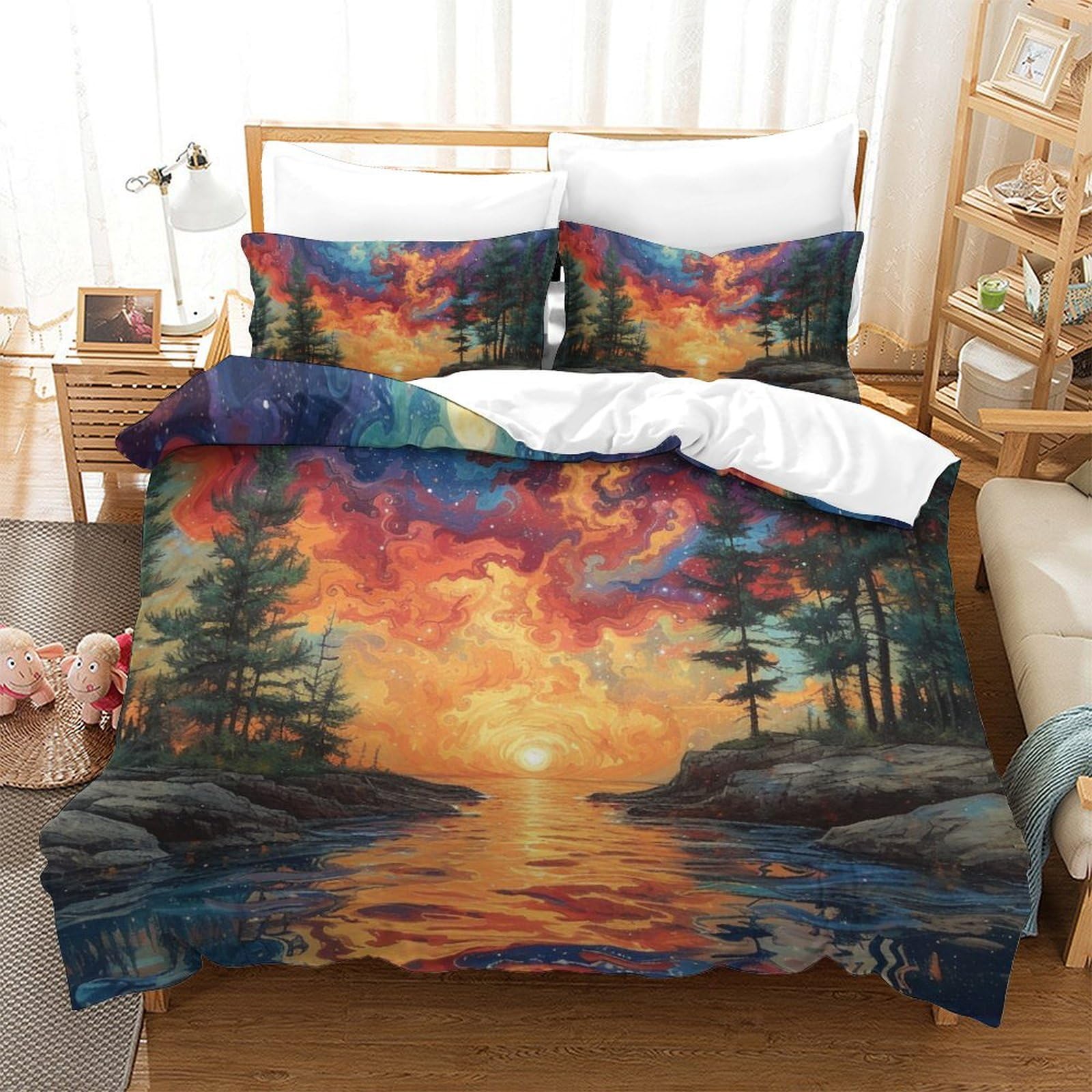 Housse couette haute qualité douce parure de lit 3 pièces paysage naturel 260x220cm