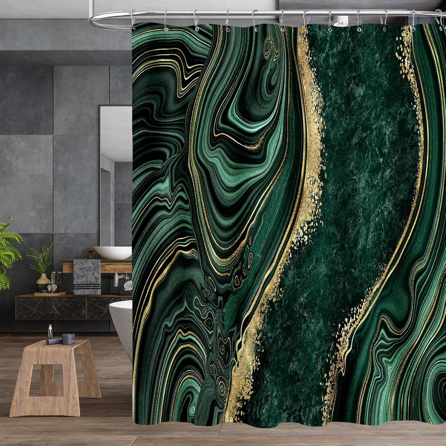 4PCS Emerald Green Marble Bathroom Set with Shower Curtain, Bath Mat, Toilet Lid Cover & U-Shaped Rug, Dark Green Shower Curtain Set for Bathroom