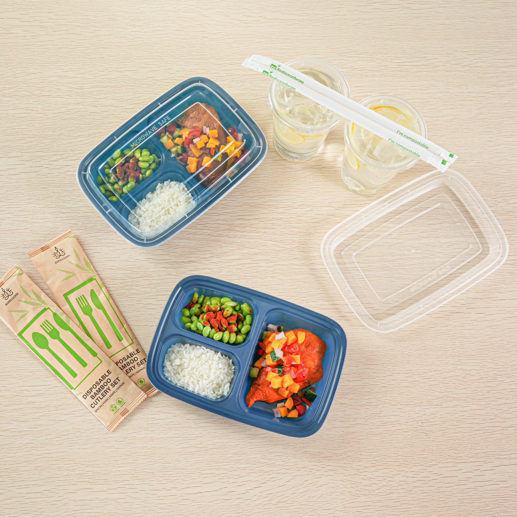 Restaurantware Asporto - Cajas para llevar con compartimentos de 26 onzas, 100 recipientes de preparación de comidas para microondas, 3 compartimentos, con tapas de plástico transparente, recipientes