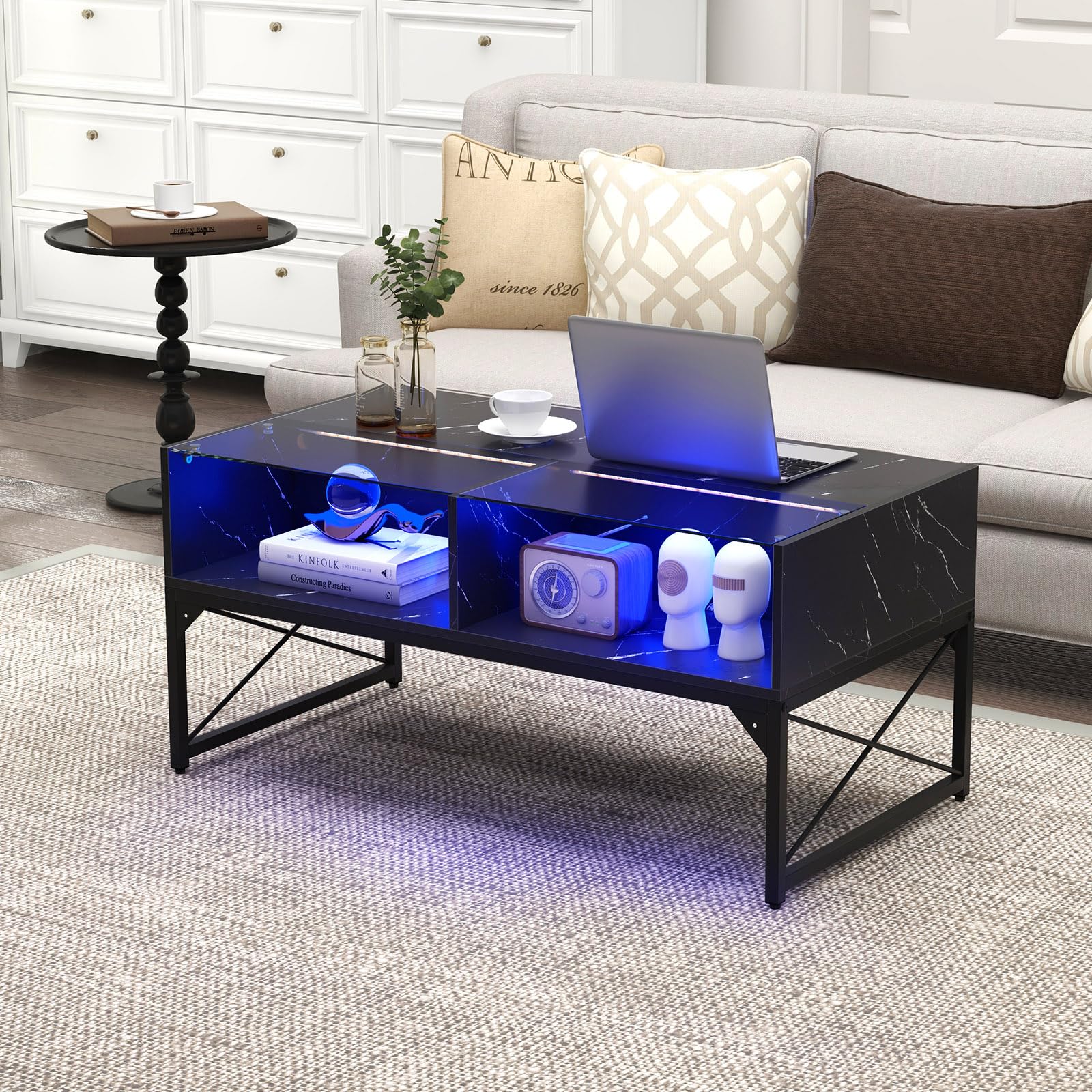 COSTWAY LED Couchtisch, Wohnzimmertisch Marmor Optik, Kaffeetisch mit einstellbaren Lichtfarben & Helligkeit, Fernbedienung und 4 Ablagefächern, Sofatisch für Wohnzimmer, 105 x 55 x 50 cm (Schwarz)