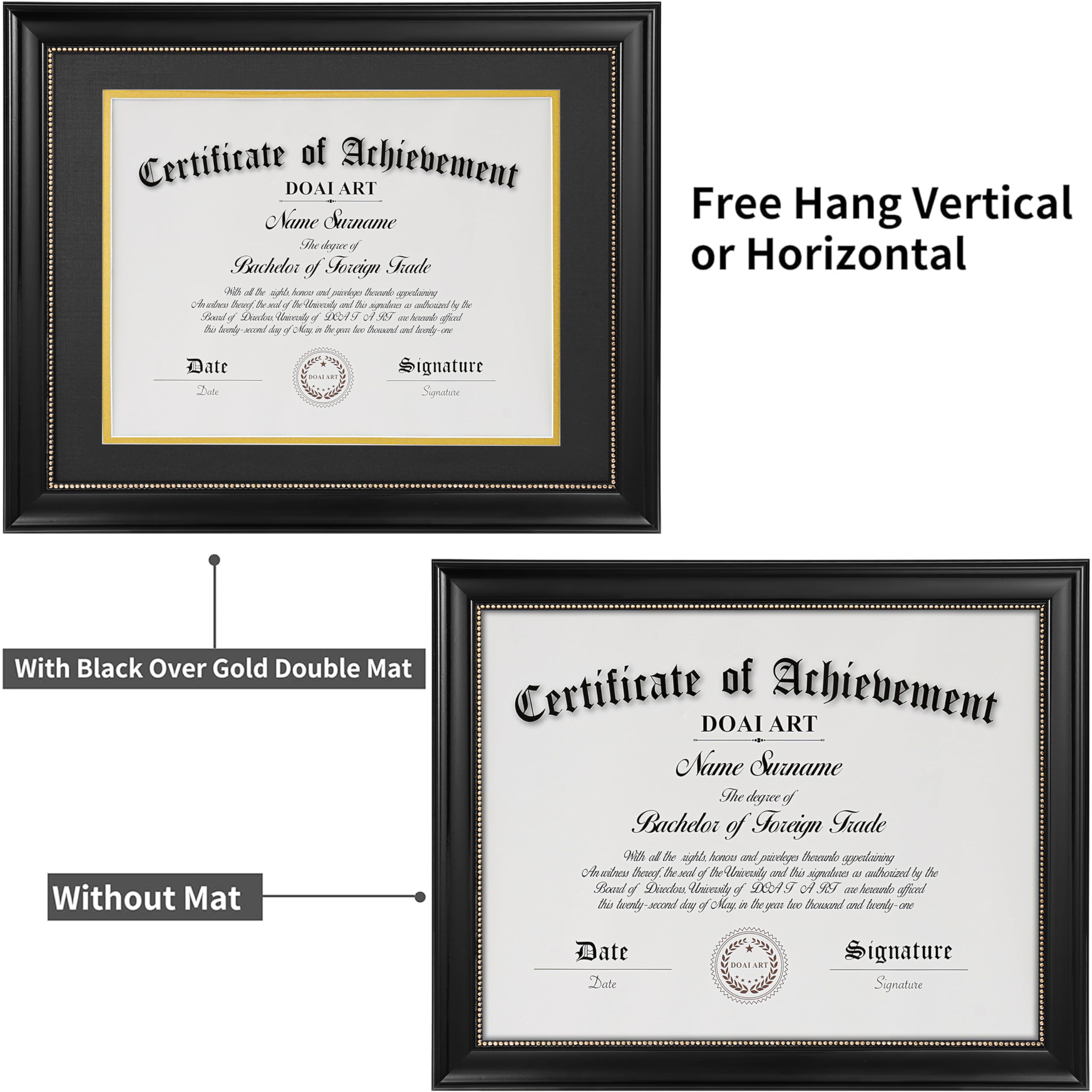 DOAI ART 8.5 x 11 Diploma Frame Classic Black Display 8.5x11-inch with Black Over Gold Mat or 11x14 Document &Certificate Without Mat, Gold Beads Hanging Hardware Included, Tabletop