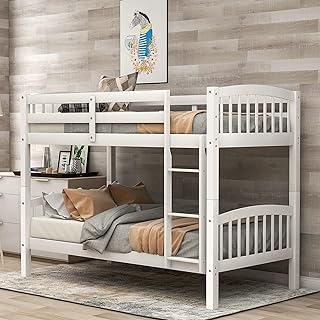 P PURLOVE Twin Over Twin Bunk Bed with Ladder, Wood Bunk Bed Frame with Wooden Slat Support, No Box Spring Needed (White)