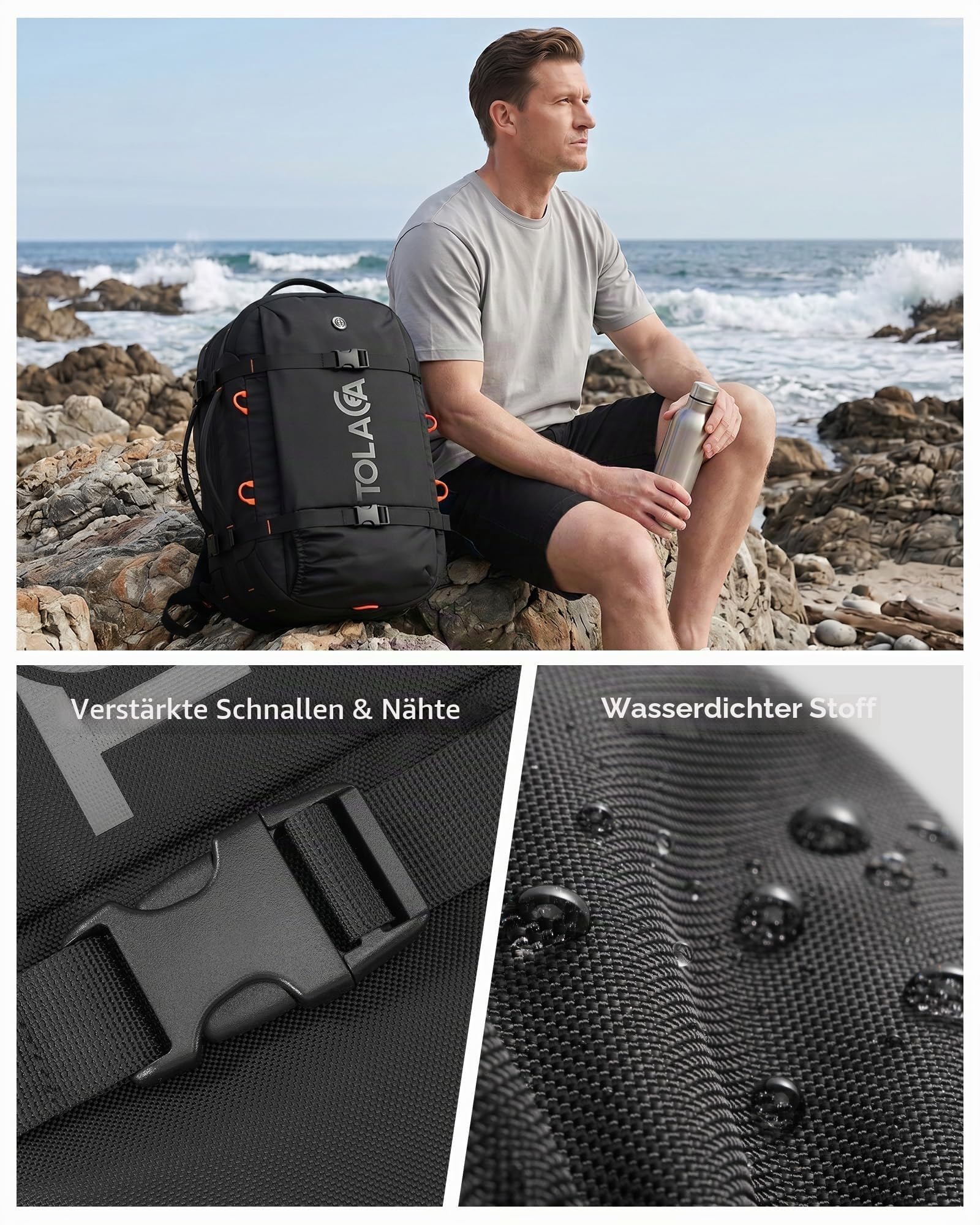 Tolaccea Reiserucksack, Handgepäck Rucksack Flugzeug, TSA-Freundlicher Laptop Rucksack 15,6 Zoll, Erweiterbar 40L auf 50L, Weekender Herren für Reise Wandern Camping