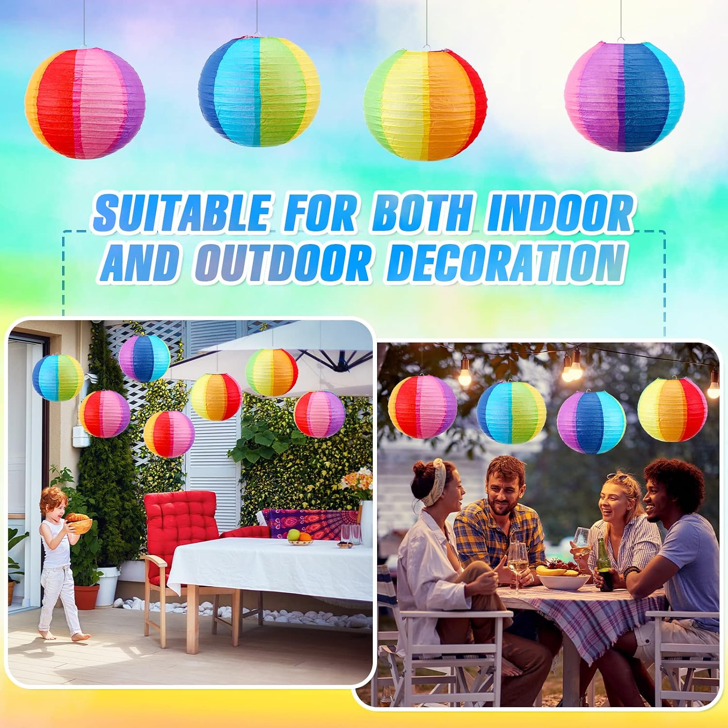 Treela 16 Pcs Beach Ball Paper Lanterns, Rainbow Hanging Paper Lanterns for Pool Party, Luau, Summer Birthday, Pride Party, Hawaiian Outdoor Indoor Decorations