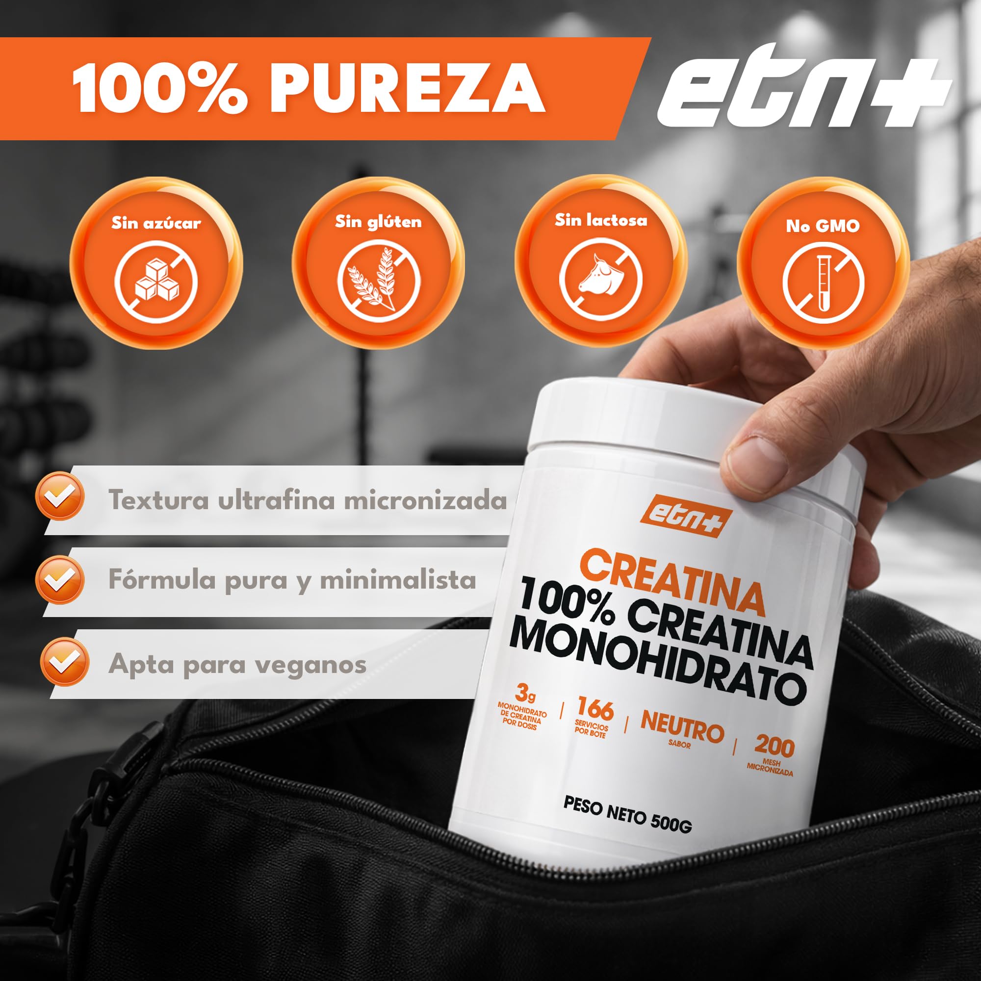 ETN+ Creatina Monohidrato 100% Micronizada 500 g | Creatina Pura 200 Mesh | 3 g por Dosis 166 Servicios| Vegana Sin Gluten Sin Azucar | Incluye Dosificador | Sin Sabor - 2