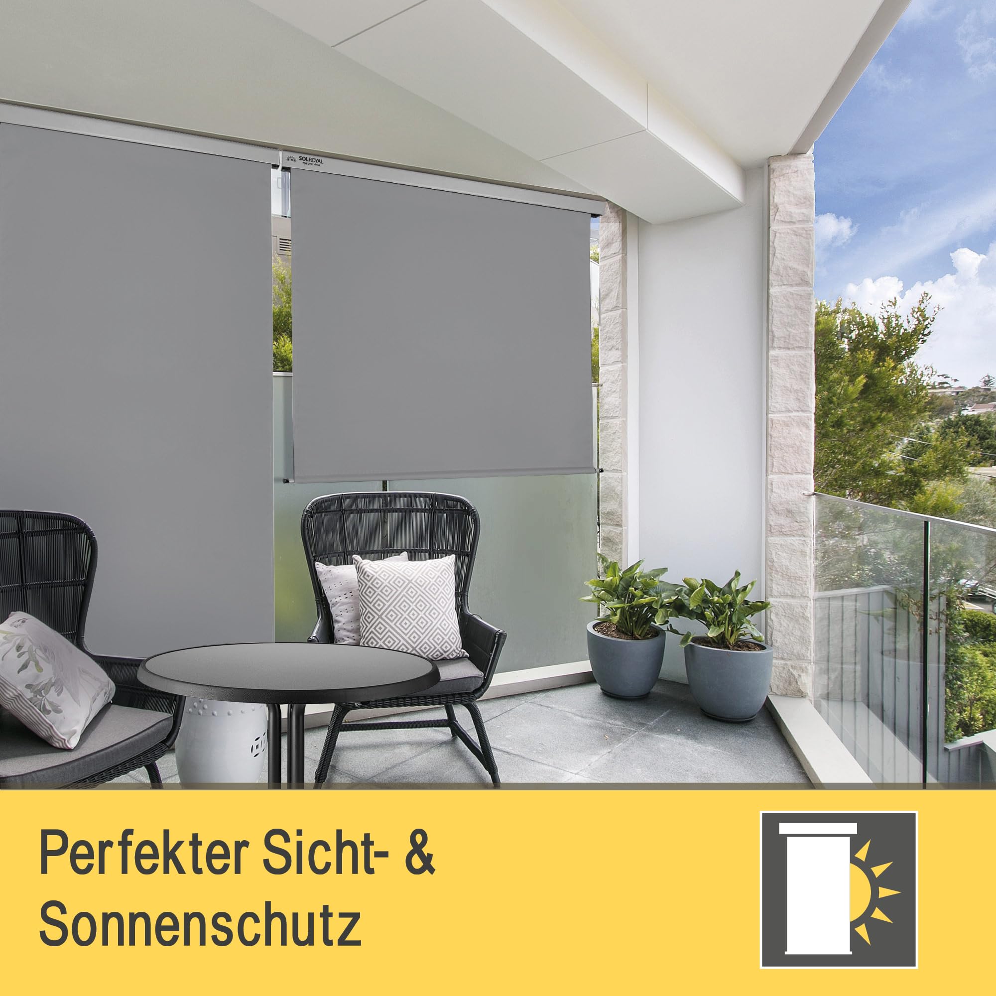 Sol Royal Senkrechtmarkise 160x250 cm MS5 Markise – Robuster Balkonsichtschutz Abnehmbare Handkurbel Wasserabweisender Sonnenschutz Terrasse Balkon Garten Wetterfeste Vertikalmarkise Grau