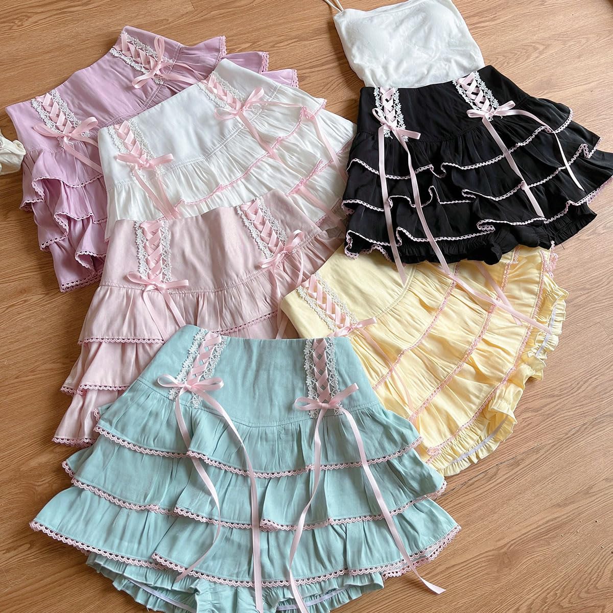 Lolita Tiered Mini Skirt Women Skorts Kawaii Layered Ruffle High Waist Lace Up A Line Cute Skirts for Teen Girls - Image 6