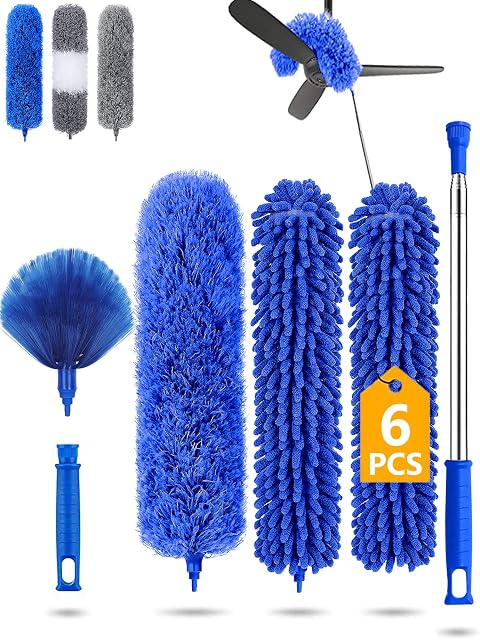 Feather Duster 6pcs,Dusters for Cleaning Extendable with Telescopic Pole 100 inches Long Handled Duster Reusable Bendable Washable Microfiber gap dust cleaner High Ceiling Fans,Cobweb,under sofa,Blue