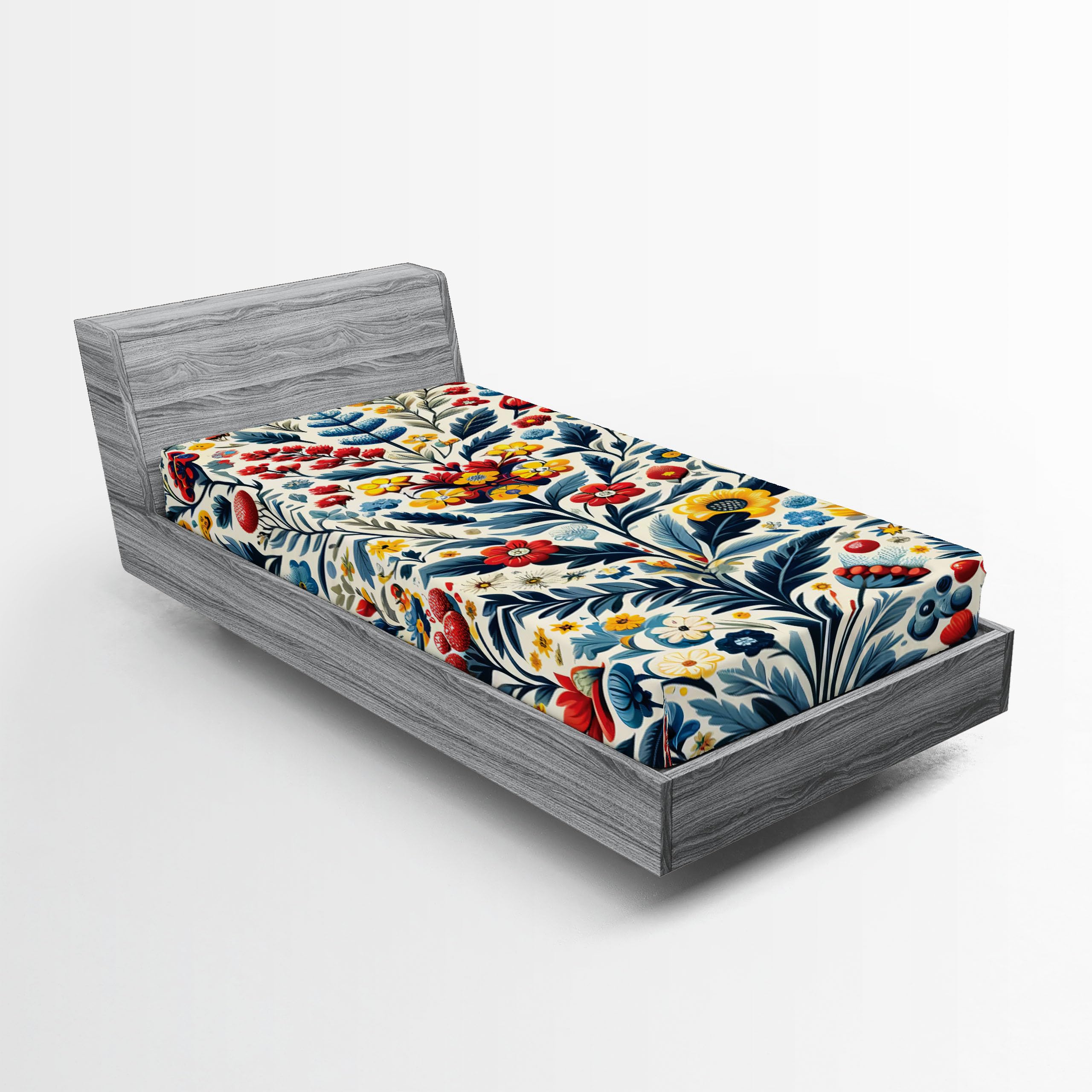 Ambesonne Mexican Floral Fitted Sheet, Colorful Art Delicate Spring Composition of Leafy Flowers Nature, Bed Cover with All-Round Elastic Deep Pocket for Comfort, Twin Size, Blue Dark Pink Mustard