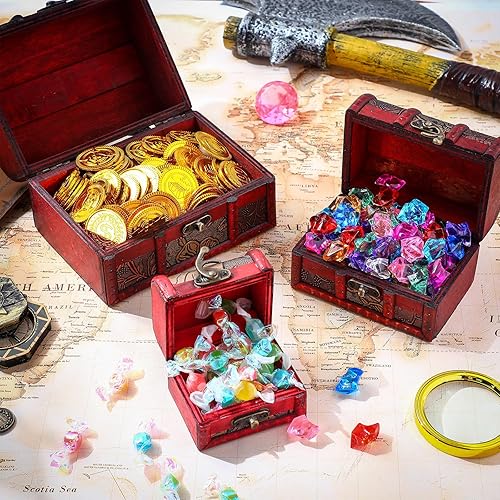 Miniatura 5 de 6 piezas de caja de madera del tesoro del tesoro, caja del cofre del tesoro pirata con mini cerradura de metal decorativa para joyas recuerdos