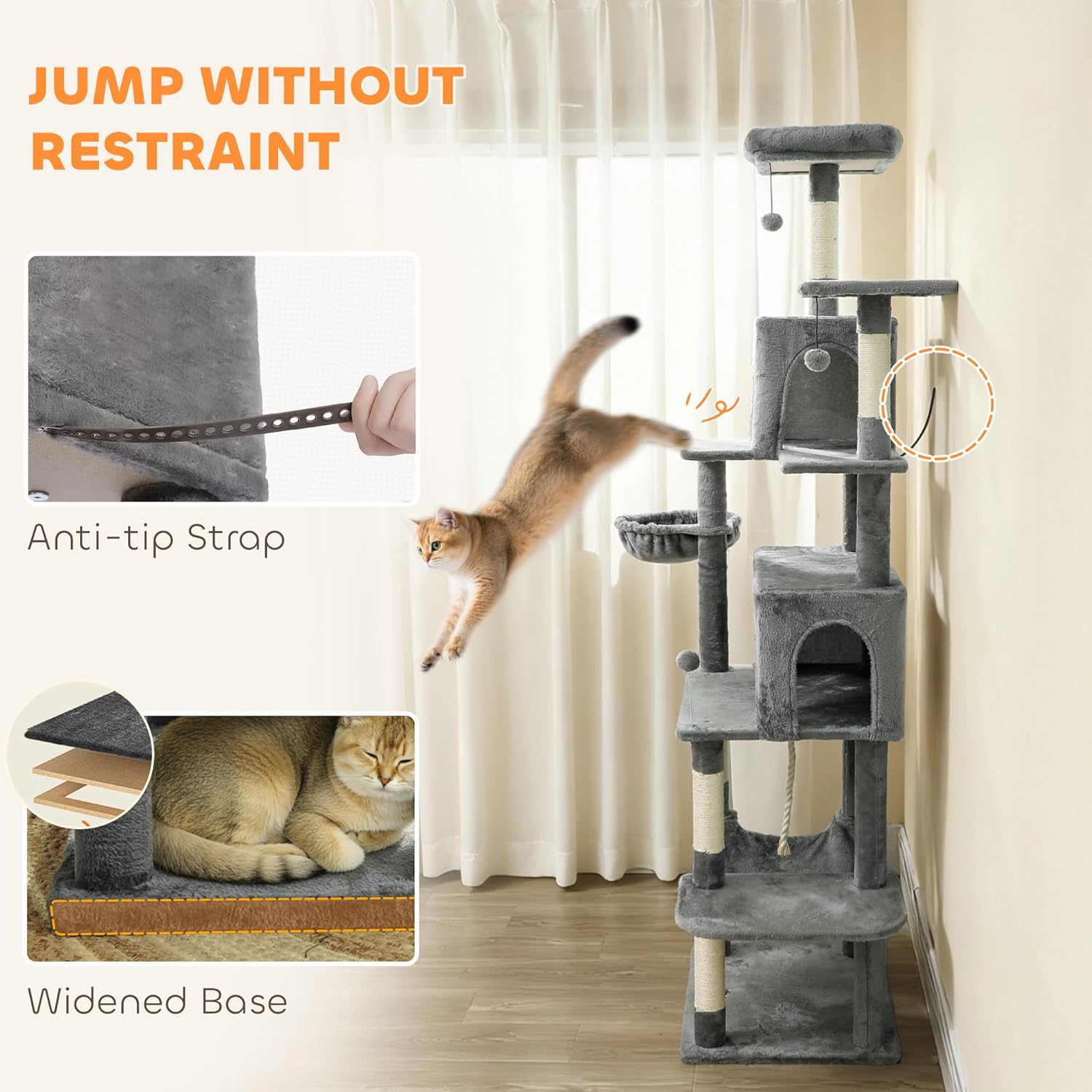 PawHut Cat Tree, 80" Large Cat Tower for Indoor Kittens with 2 Spacious Condos, Sisal Scratching Posts, 2 Hanging Balls, Comfy Hammock, Perches, Bed, Dark Gray