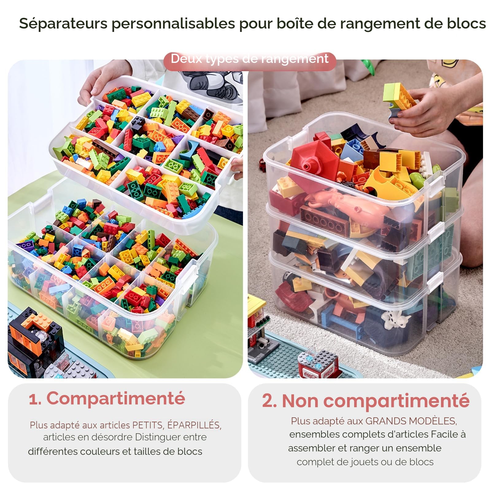 Boite Rangement Plastique pour Lego Briques, 3 Couches Boite Rangement pour Lego avec Couvercle, Enfant Jouets Empilable Organiseur Transparent avec Compartiments pour Ranger les Jouets