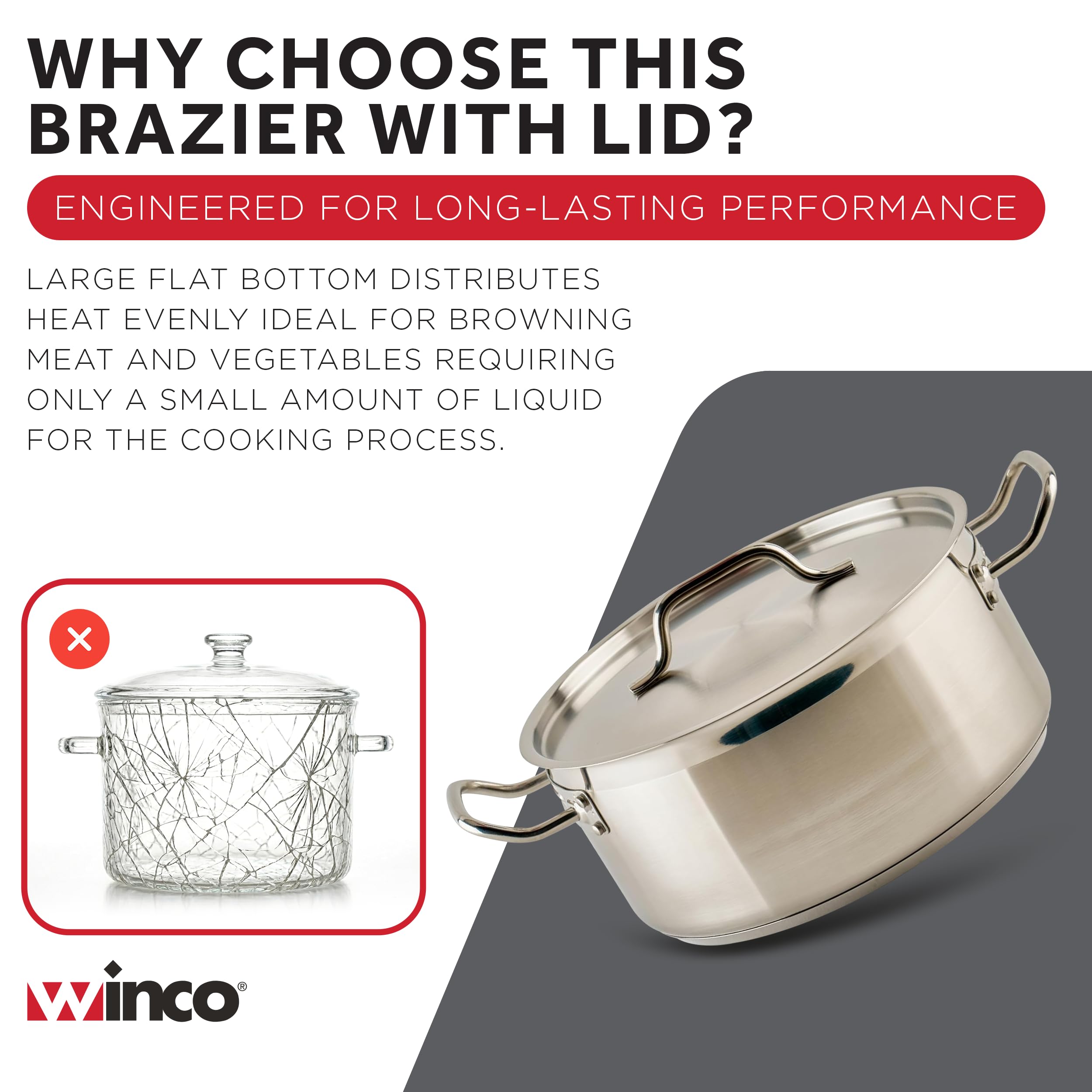 Winco 8qt Stainless Steel Brazier Pan with Lid -6 Winco 8qt Stainless Steel Brazier Pan with Lid -6
