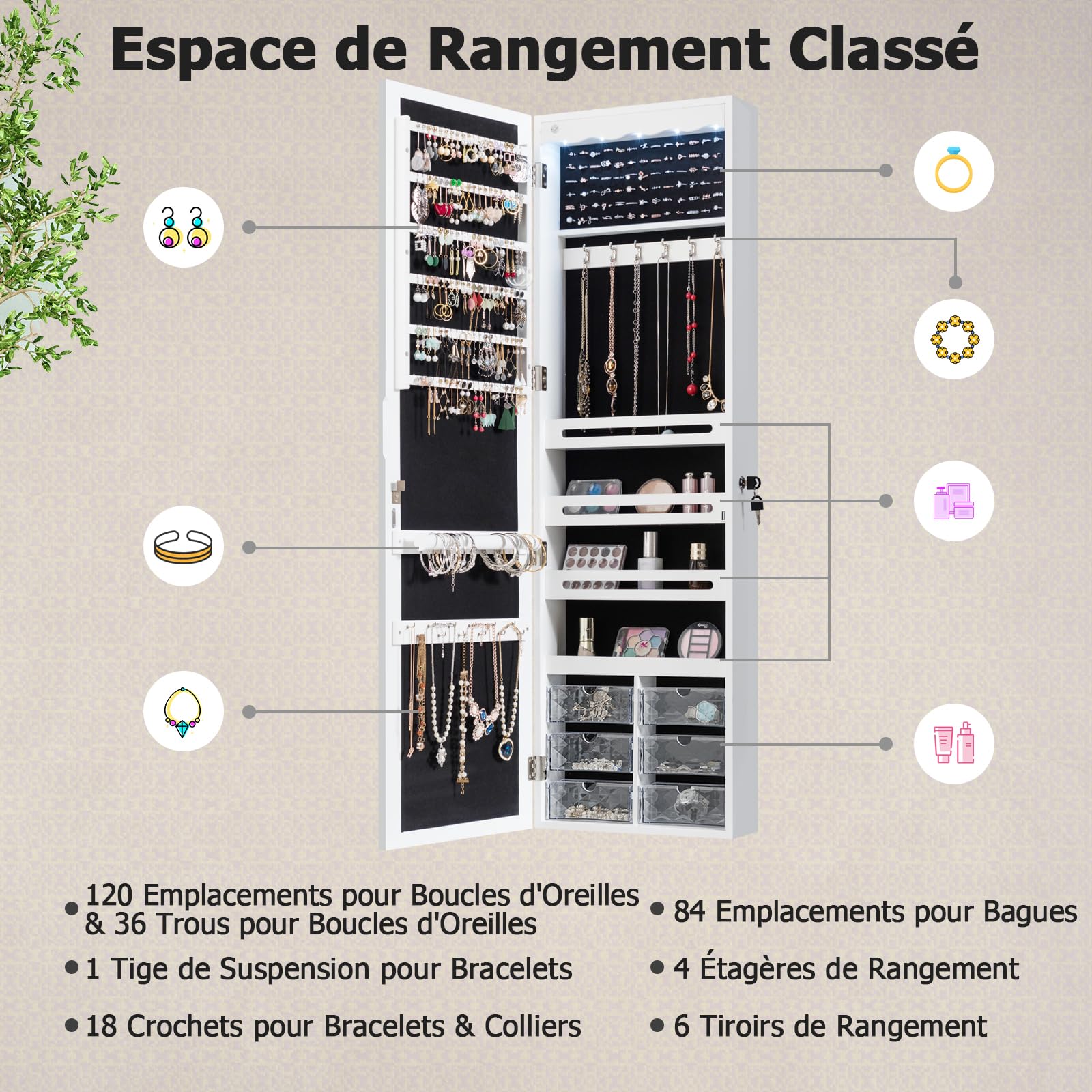 GOPLUS Armoire à Bijoux Mural avec Miroir et Lumière LED, Armoire de Rangement Mural, Accrochée à la Porte avec Serrure, Meuble de Rangement, Miror Porte-Bijoux 120 x 36,5 x 11,5CM, Blanc