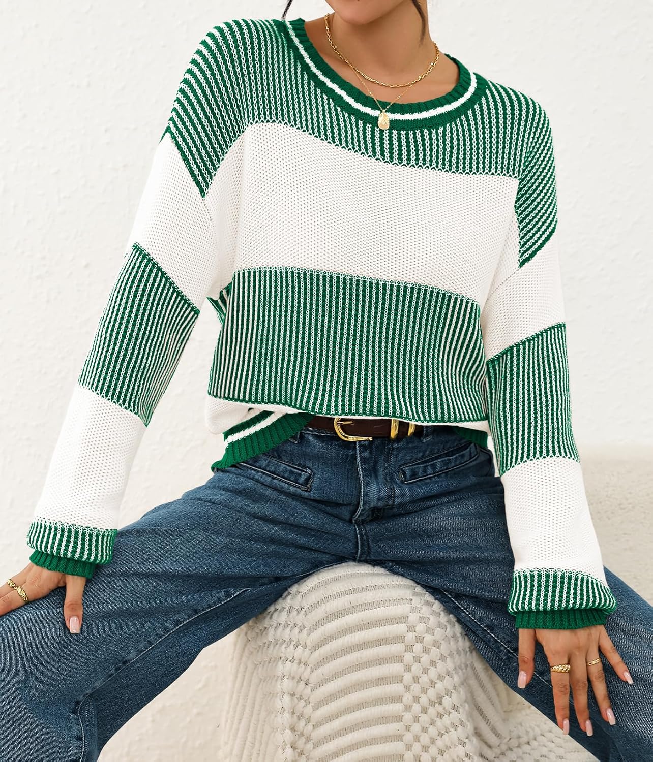 Viottiset Women's 2025 Fall Fashion Crew Neck Long Sleeve Striped Color Block Knit Loose Pullover Sweater Tops - Image 6