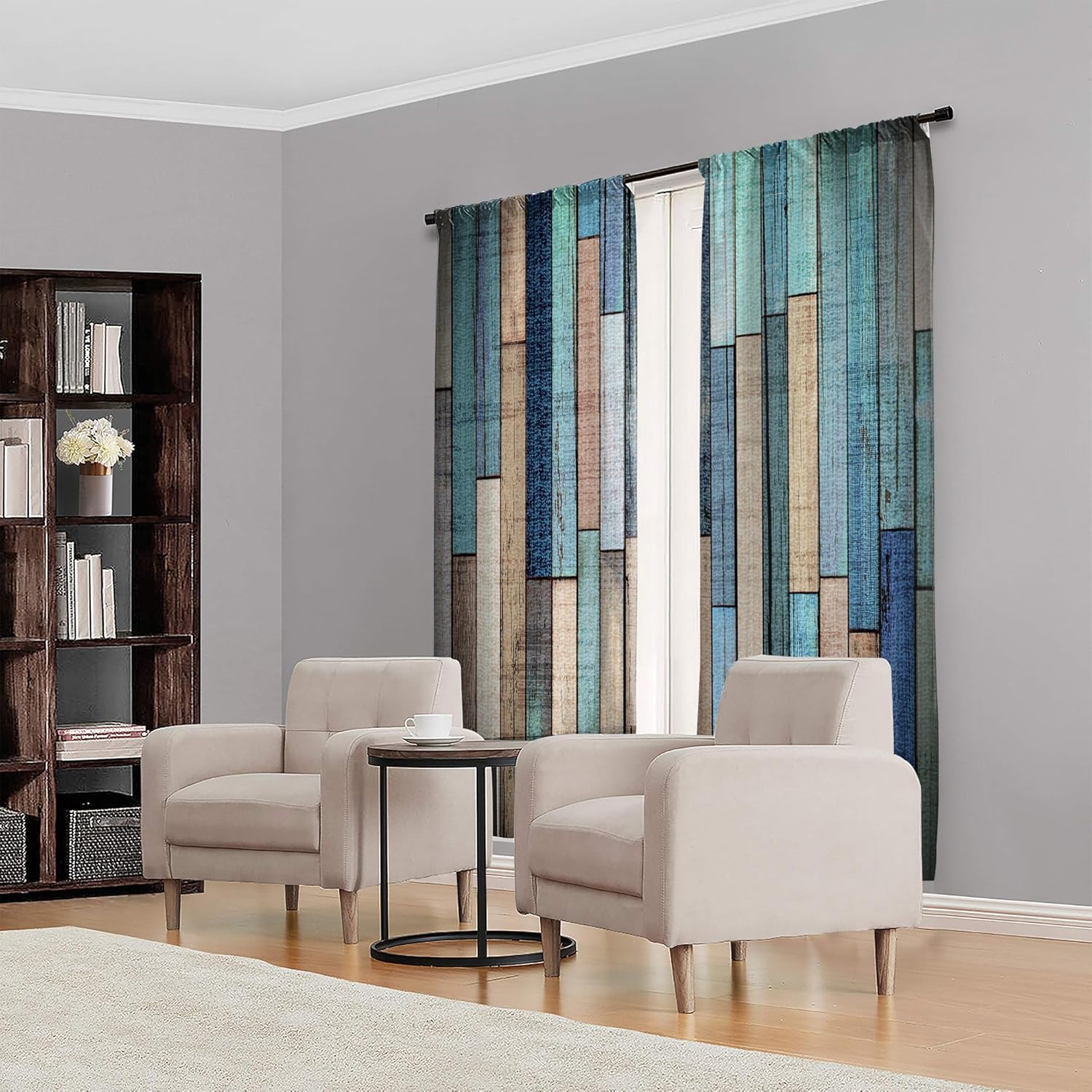 MESHELLY Rustic Barn Door Teal Curtains for Living Room 52W X 84H Inch Rod Pocket Colorful Farmhouse Bedroom Decor Blue Brown Curtains Wooden Western Wood Cabin Country Bedroom Window Drapes 2 Panels