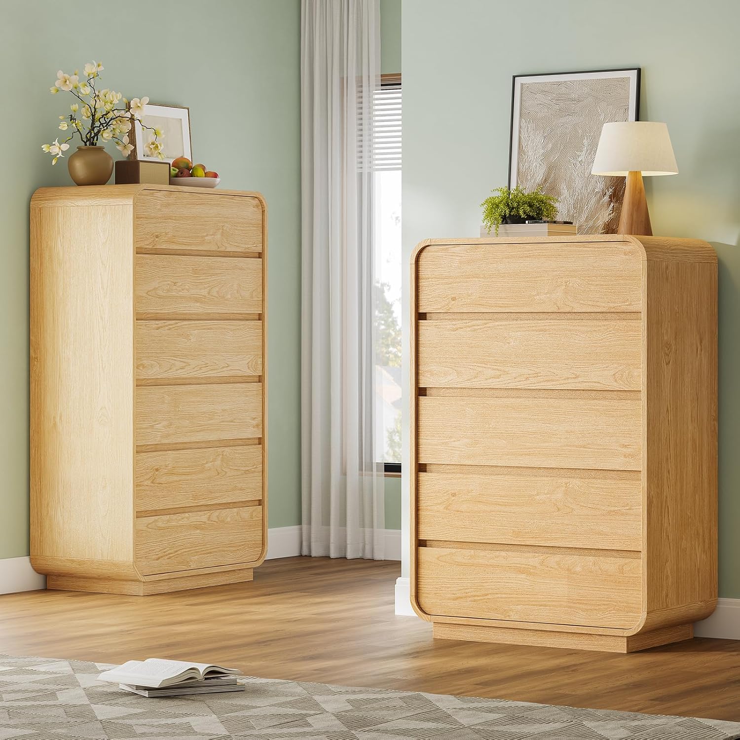 Tall Dresser for Bedroom, 5 Drawers Vertical Dressers & Chests of Drawers w/Curved Profile Design, Wood Mid Century Modern Dresser for Bedroom, Living Room, Natural Oak 15.8"D x 27.6"W x 46.1"H (5 Drawers)