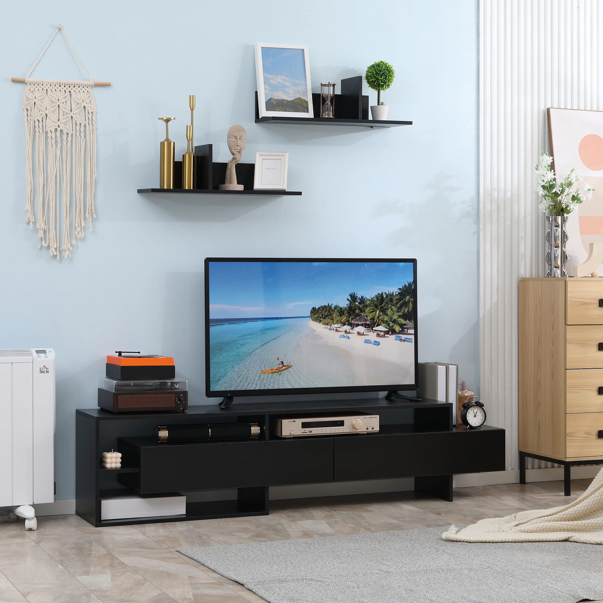 HOMCOM Mobile Porta TV Moderno con 2 Mensole in Legno, Mobiletto per Televisore con Vani Aperti e Armadietti, Nero