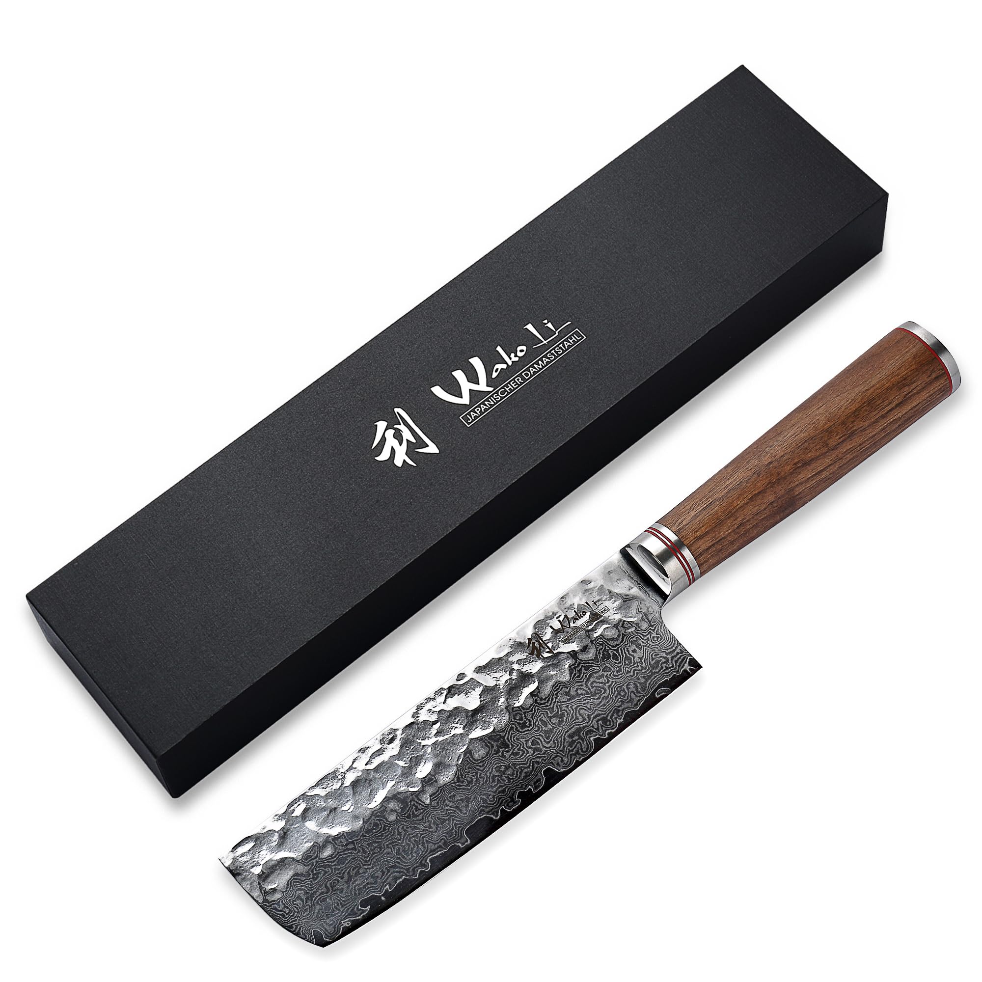 Wakoli Nussbaum Nakiri mit 16,5 cm Klinge, 67 Lagen Damaststahl, VG10 Kern | Hammerschlag, Nussbaumholzgriff und 15° V-Schliff; 30,5 cm Gesamtlänge, für Gemüse und kontrollierte Druckschnitte in Holzbox