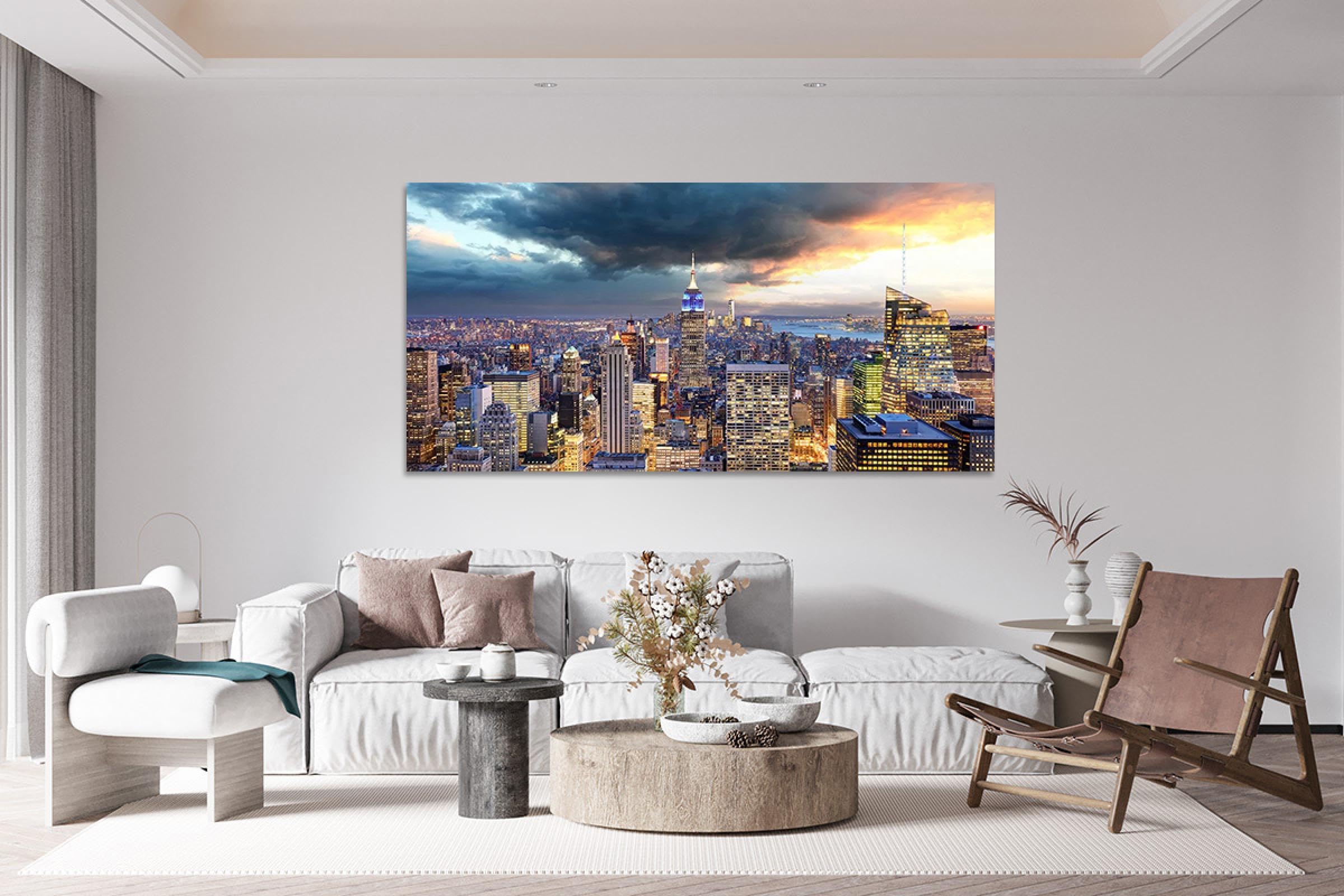 Stadtlandschaft Leinwandbild Fertig zum Aufhängen-Landschaftsbilder auf Leinwand-Dunkle Wolken hohe Gebäude Wandbilder Wohnzimmer-Panorama Kunstdruck 50x100cm Umwickelte Leinwand