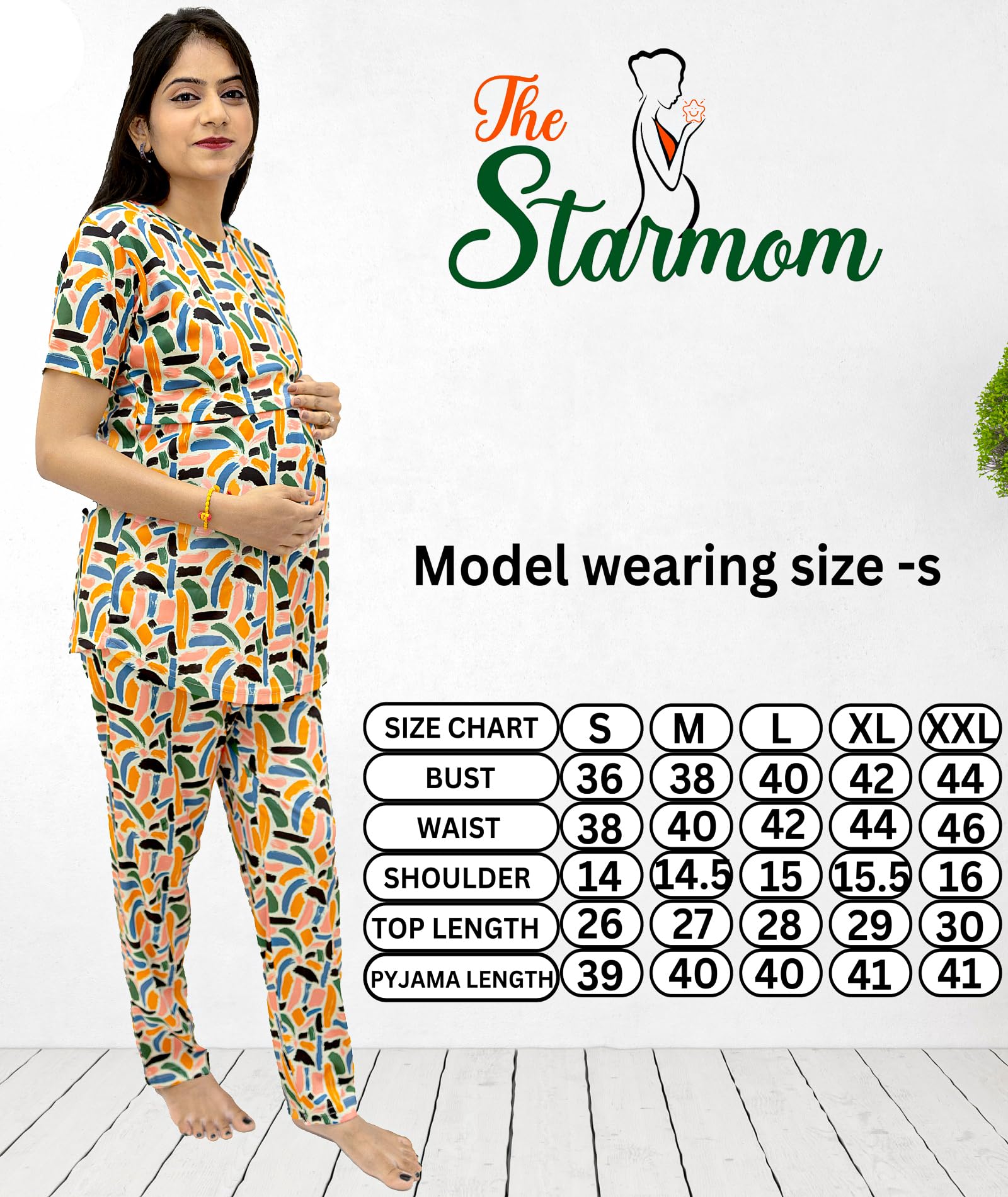 The Starmom Women's Zipless Cotton Blend Printed Maternity & Feeding Night Suit Set of Top & Pajama Set | Pre & Post Pregnancy Nursing Night Dress Peach - Image 6 thumbnail