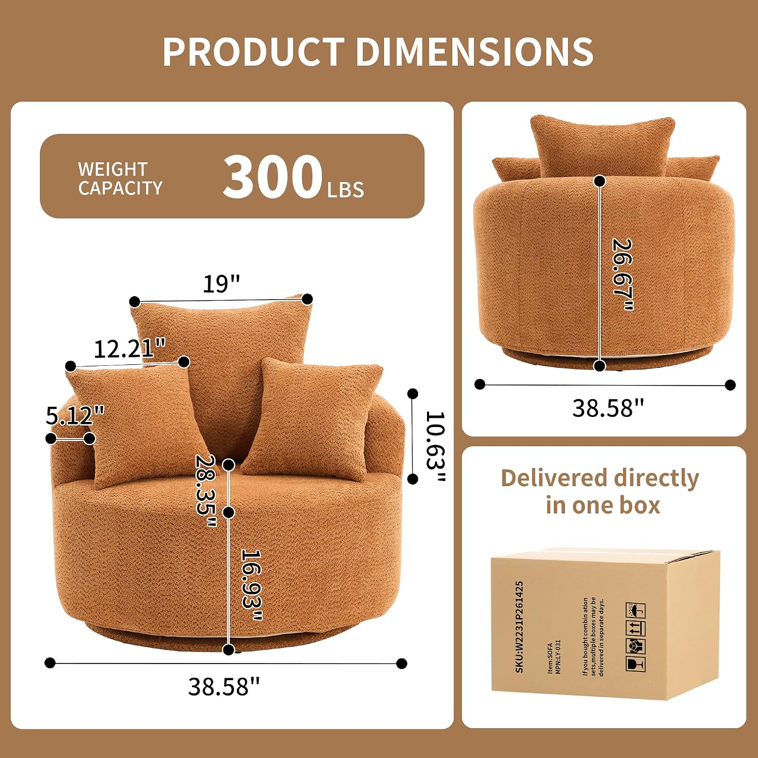 38.58 Inch Single Seat Swivel Sofa Chair,Classical Barrel Shaped Couch,Crochet Yarn Fabric Couches with 3 Pillows,Modern Compressed Sofas for Home Living Room Office Hotel Apartment