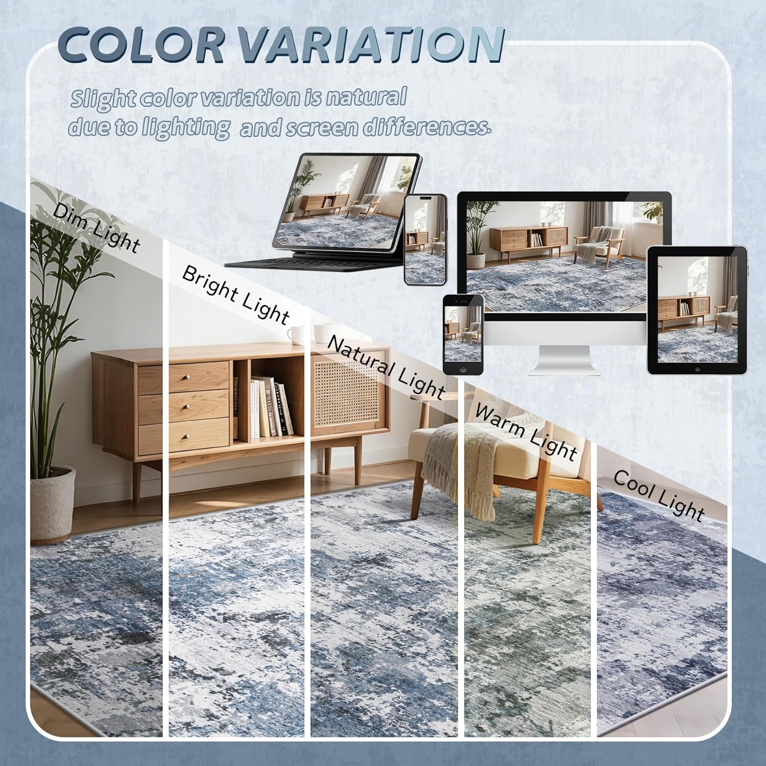 5x7 Area Rugs for Living Room: Washable Abstract Modern Rug Large Neutral Non Slip Soft Stsin Resistant Indoor Carpet for Bedroom Nursery Dining Room Home Office (Blue White 5'x7')