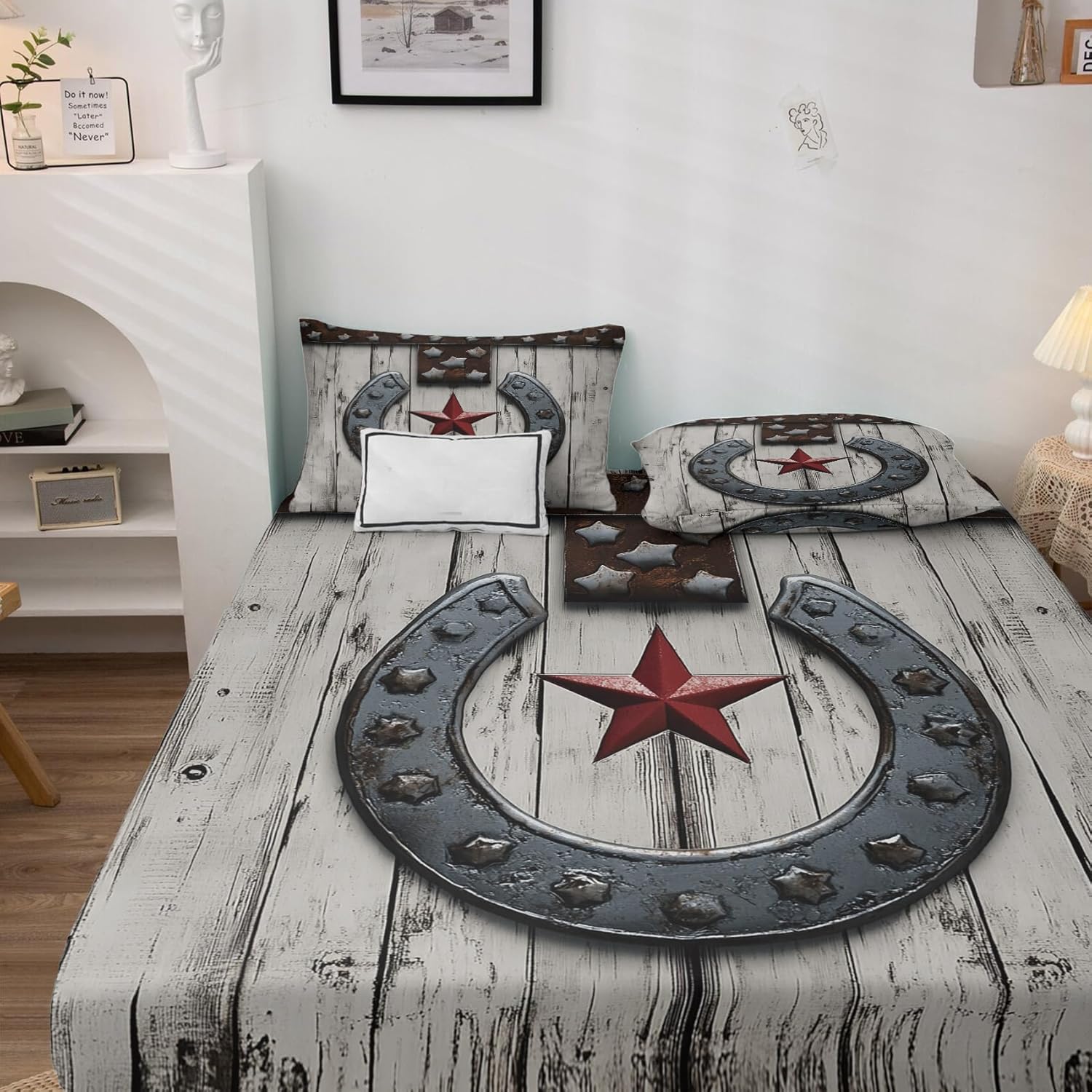 Western Bed Sheets Twin Size, Horseshoe Texas Star Sheet Set, Soft Microfiber Deep Pocket Wrinkle Free Fitted Sheet & Flat Sheet & Pillowcase Sets, Western Bedding Sheets - 3 Piece