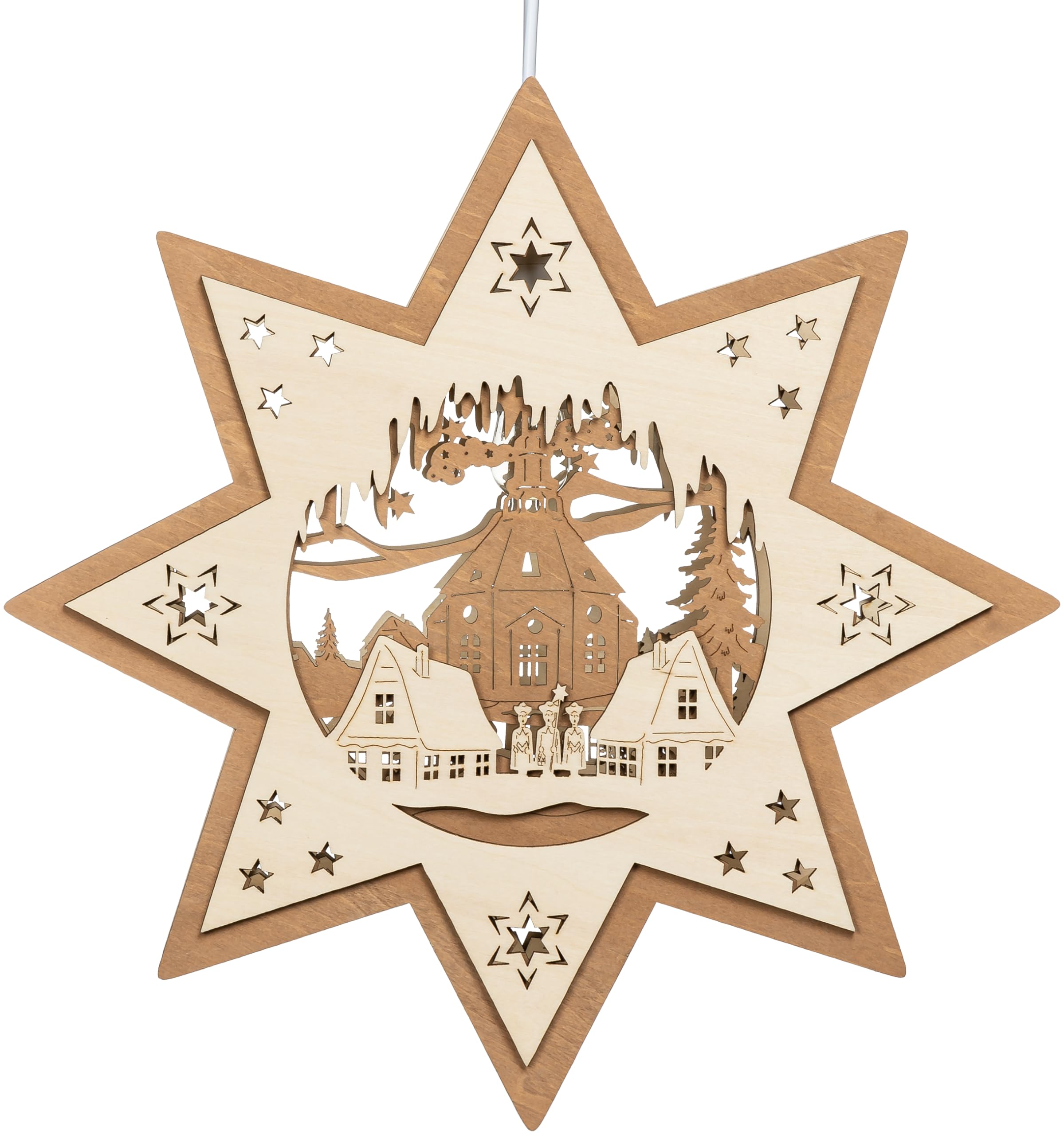 SIKORA FB02 Deko Fensterbild 2-farbig Holz Stern mit Motiv Kirche beleuchtet H:32cm