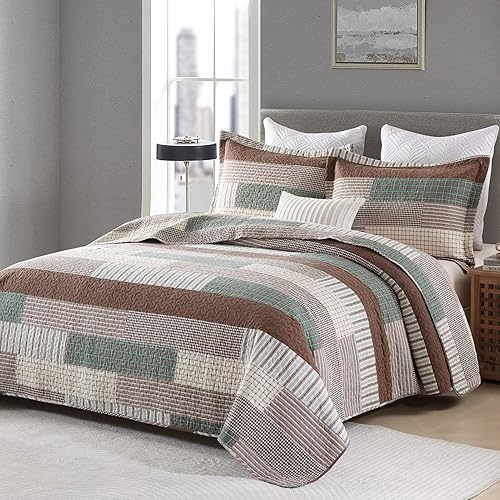 Vista 16 de Finlonte Juego de edredón tamaño King, colcha a rayas marrón, verde, beige, edredón reversible ligero para todas las estaciones, 3 piezas