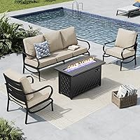 Vista 10 de MFSTUDIO Juego de muebles de patio de 6 piezas con mesa de fogata de gas de 45 pulgadas (hasta 7 asientos), sofás de conversación de patio con marco